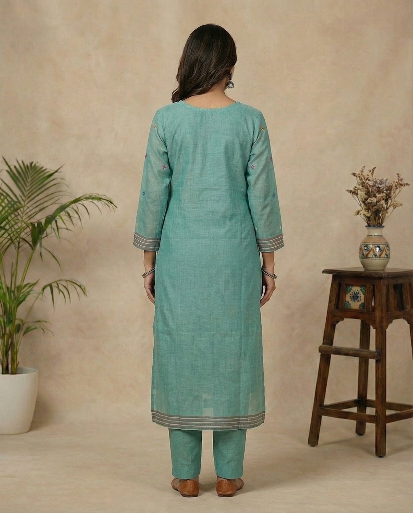 Floral Glow Blue Muga Cotton Stitched Suit Sets