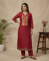 Dreamy Finch Red Muga Cotton Stitched Suit Sets