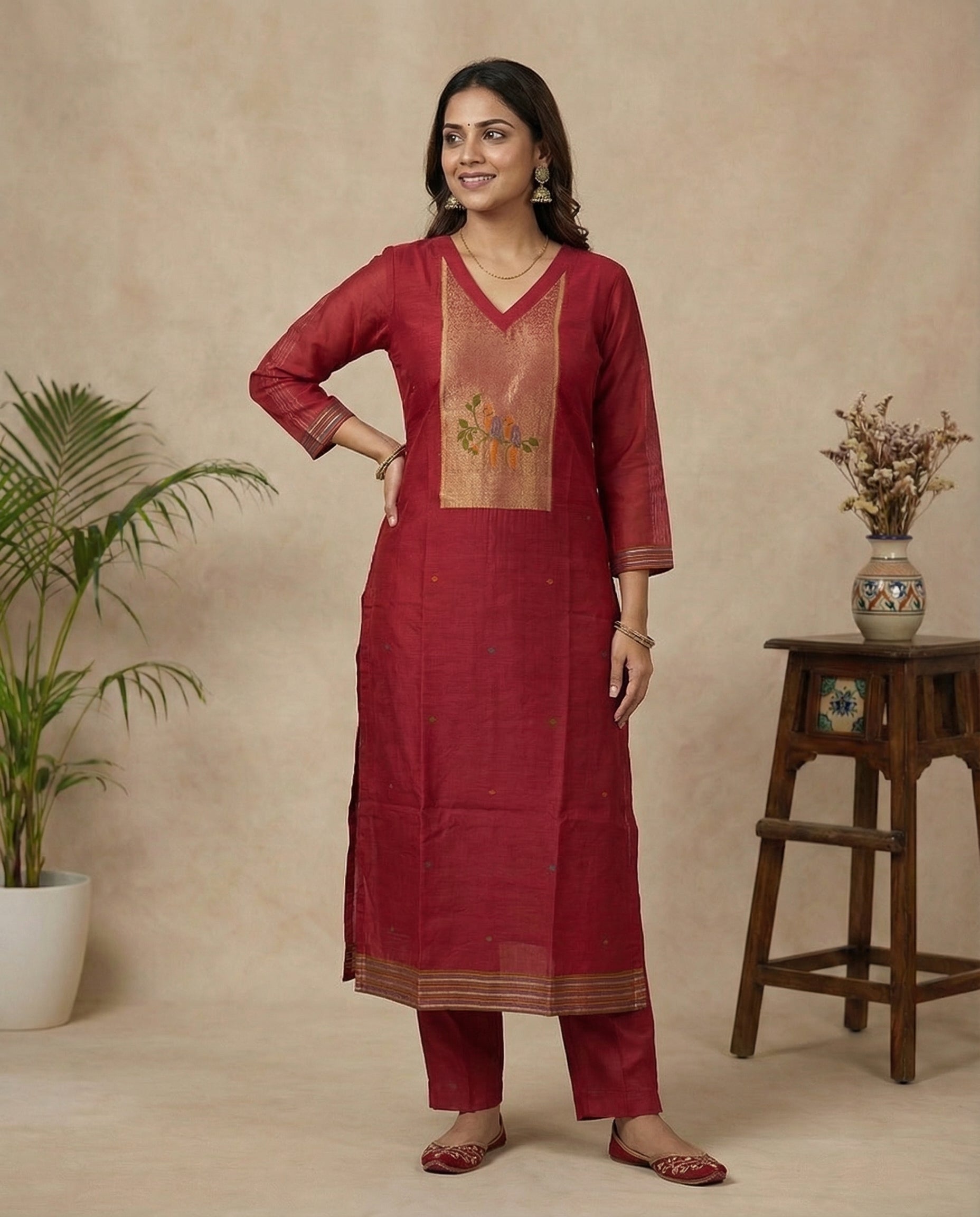 Dreamy Finch Red Muga Cotton Stitched Suit Sets