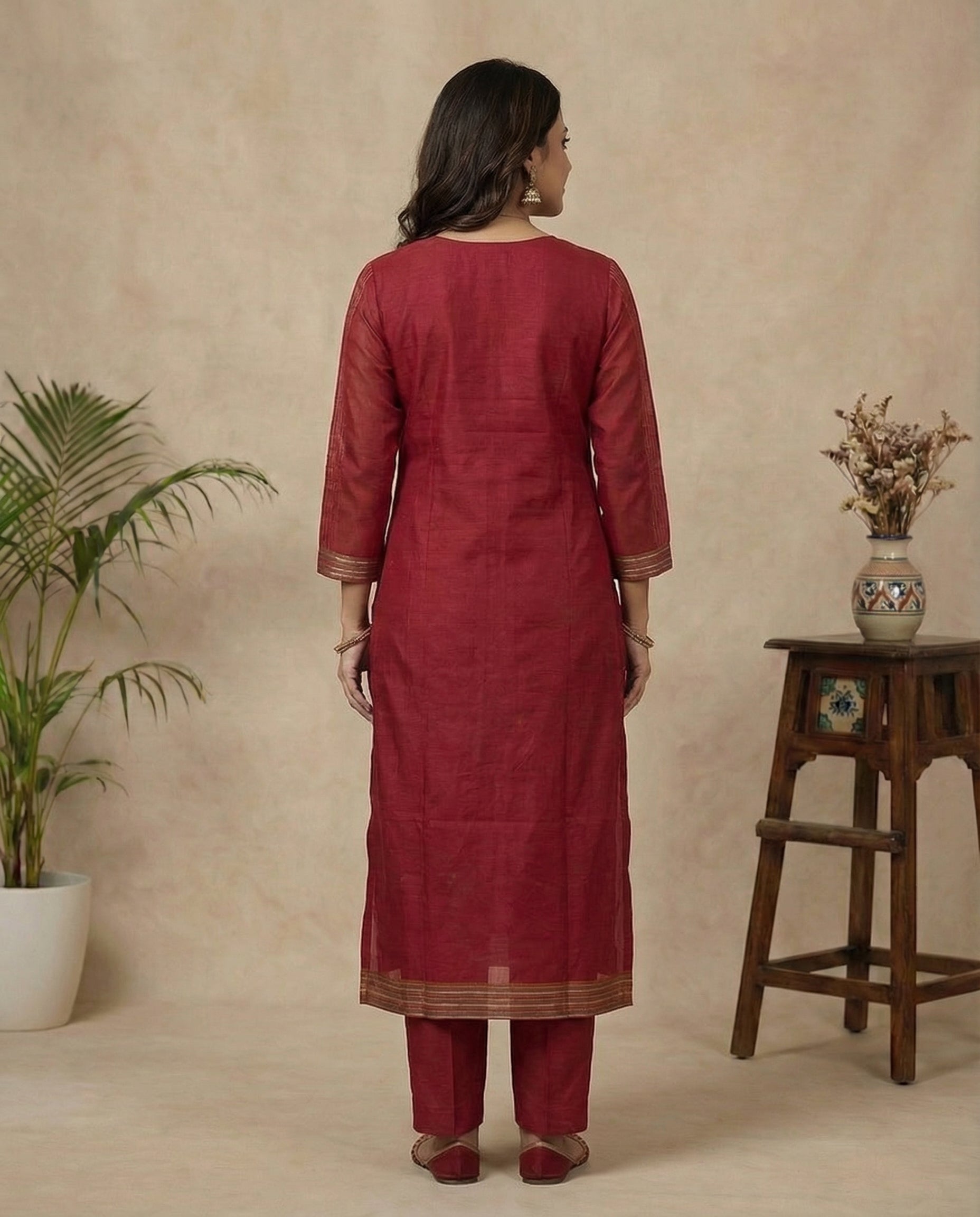 Dreamy Finch Red Muga Cotton Stitched Suit Sets