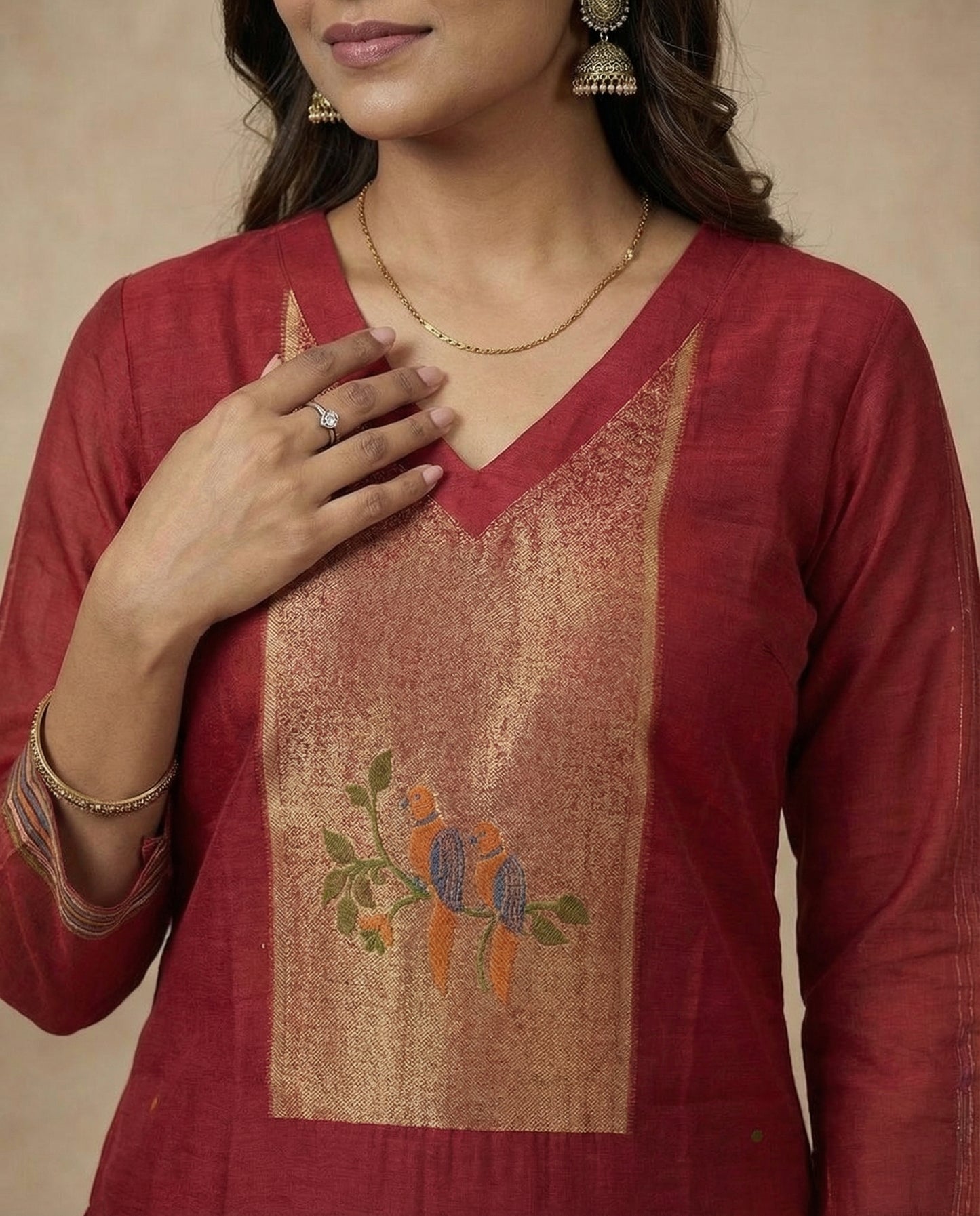 Dreamy Finch Red Muga Cotton Stitched Suit Sets