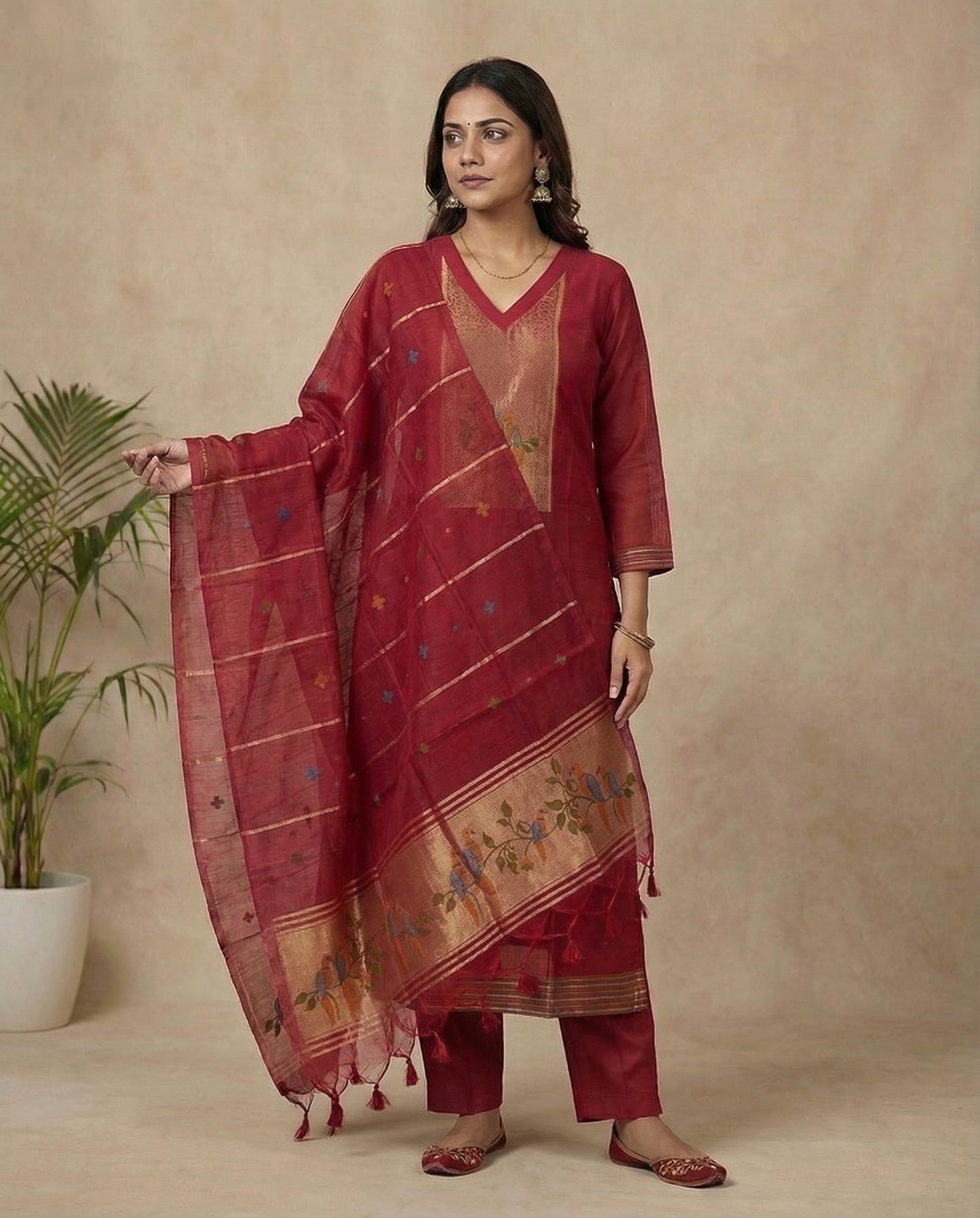 Dreamy Finch Red Muga Cotton Stitched Suit Sets
