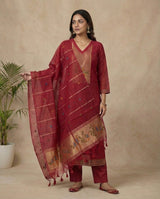 Dreamy Finch Red Muga Cotton Stitched Suit Sets