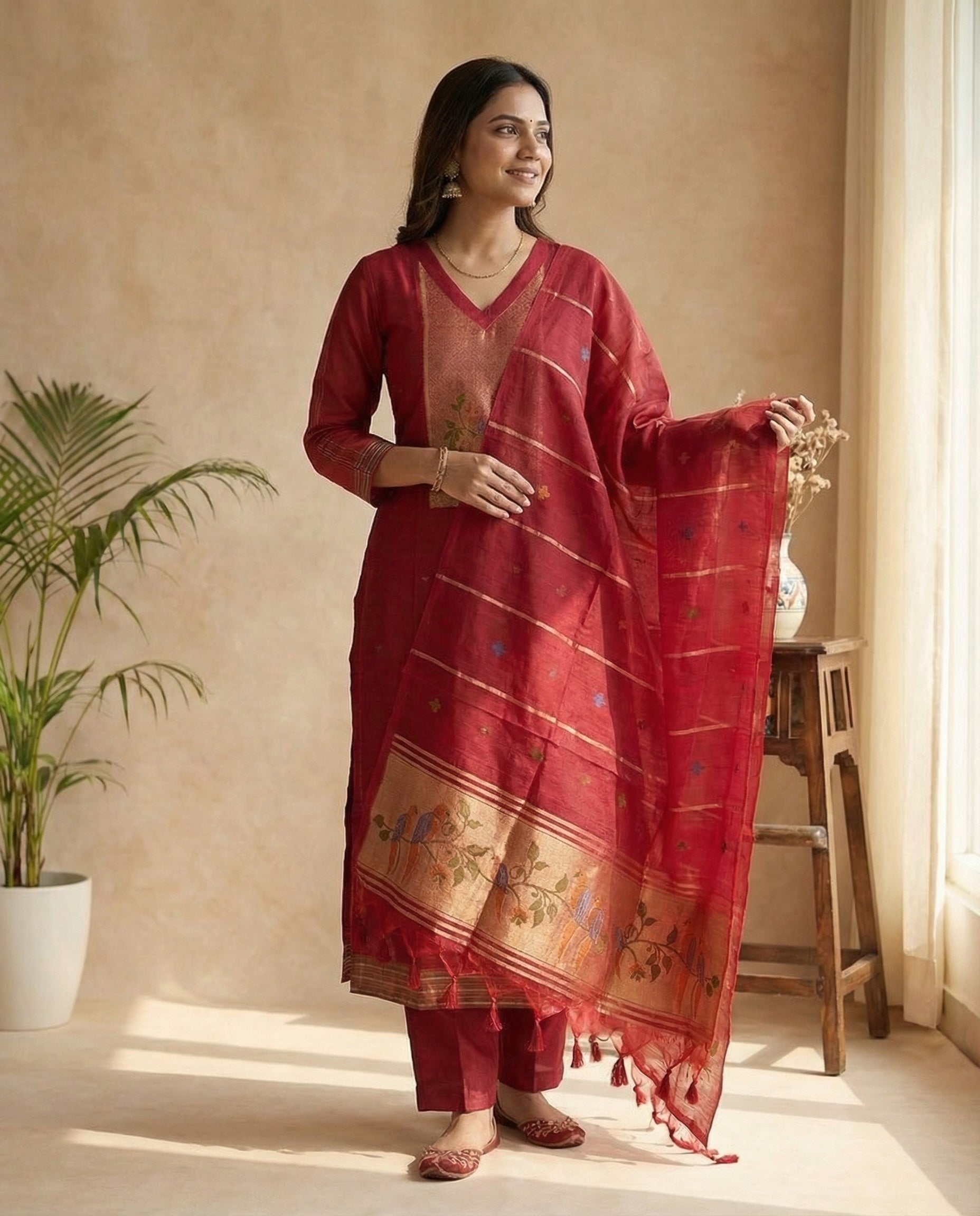 Dreamy Finch Red Muga Cotton Stitched Suit Sets