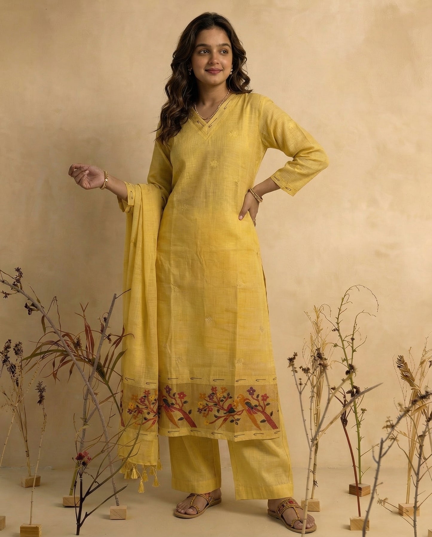 Terra Weave Yellow Muga Cotton Stitched Suit Sets