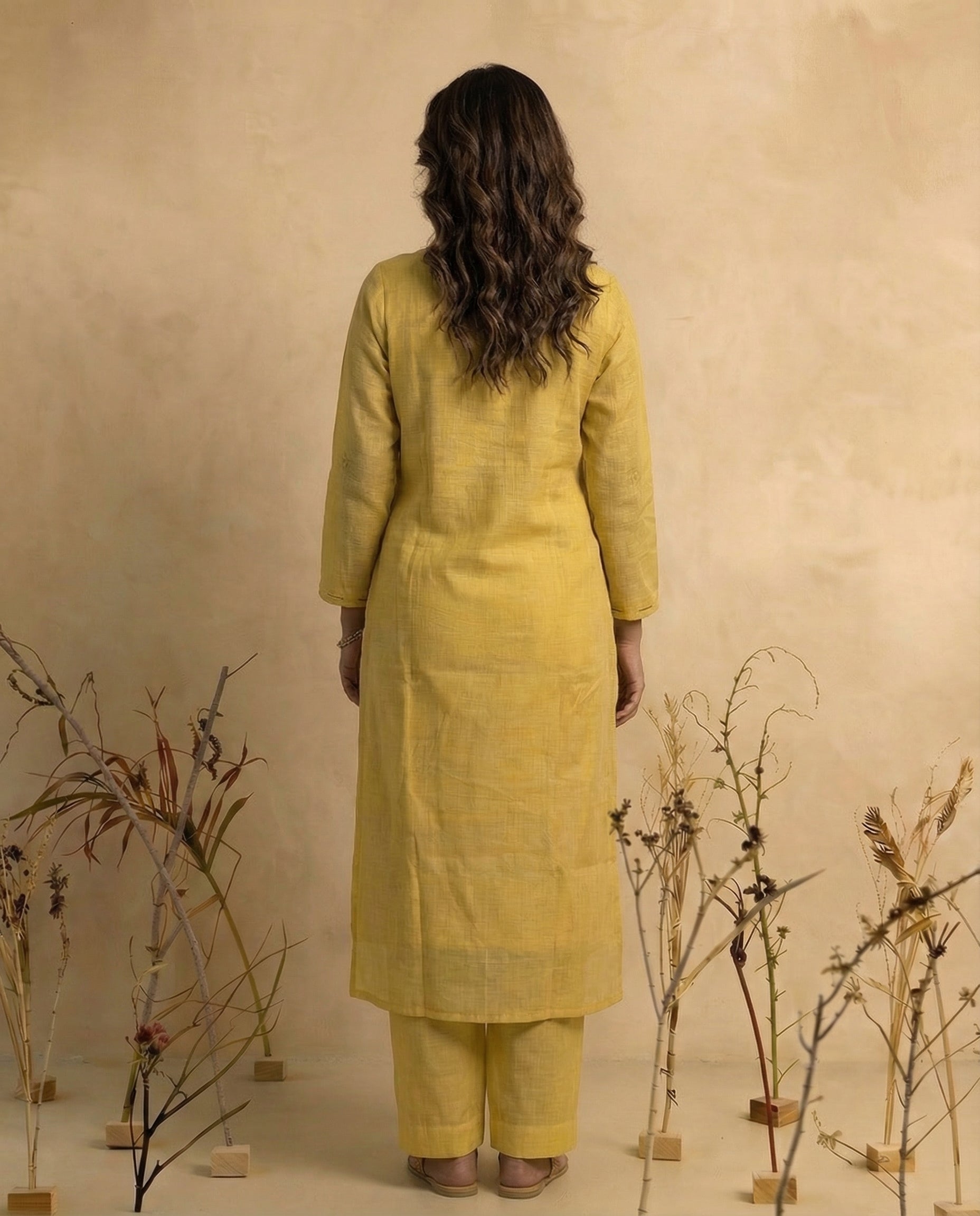 Terra Weave Yellow Muga Cotton Stitched Suit Sets