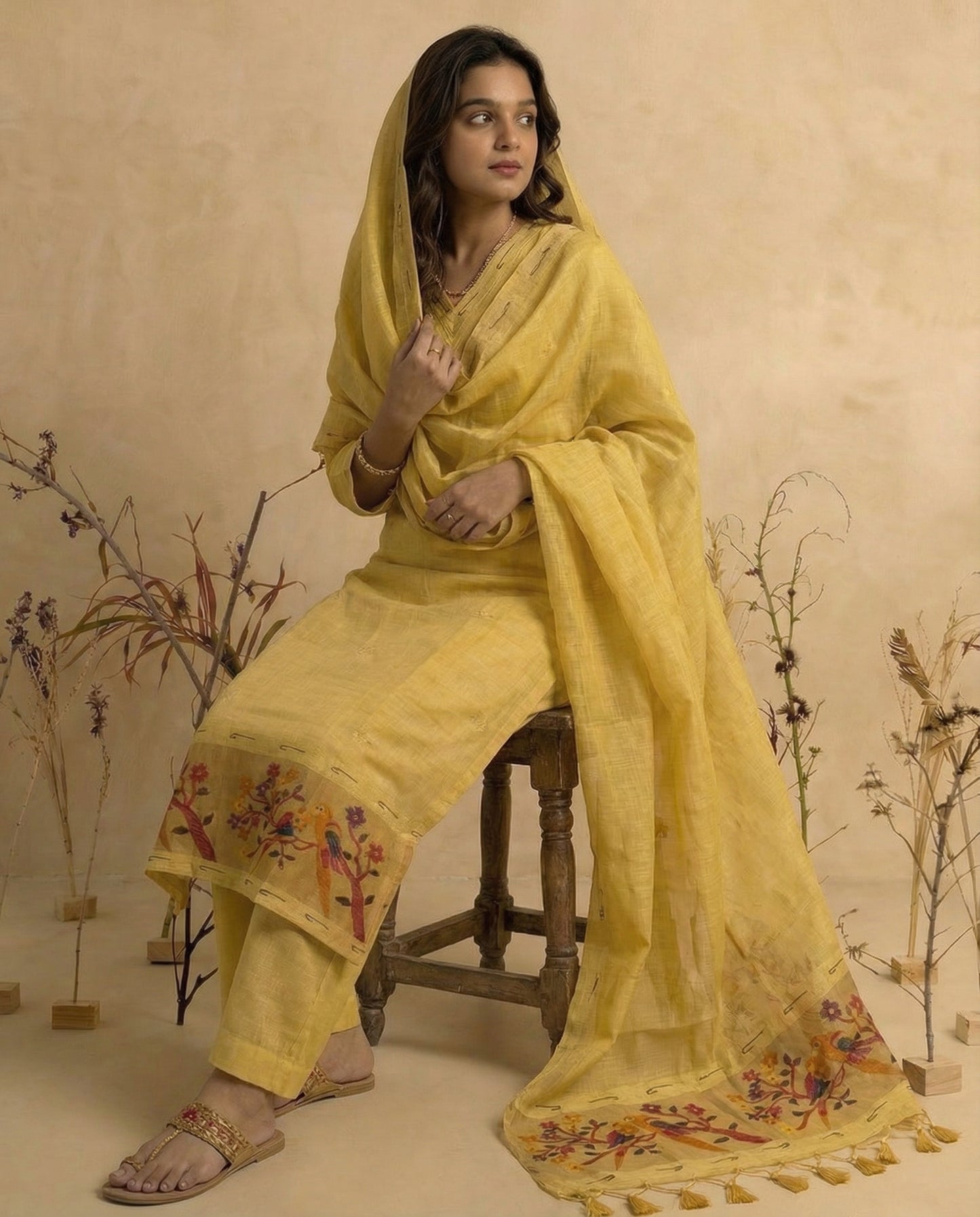 Terra Weave Yellow Muga Cotton Stitched Suit Sets