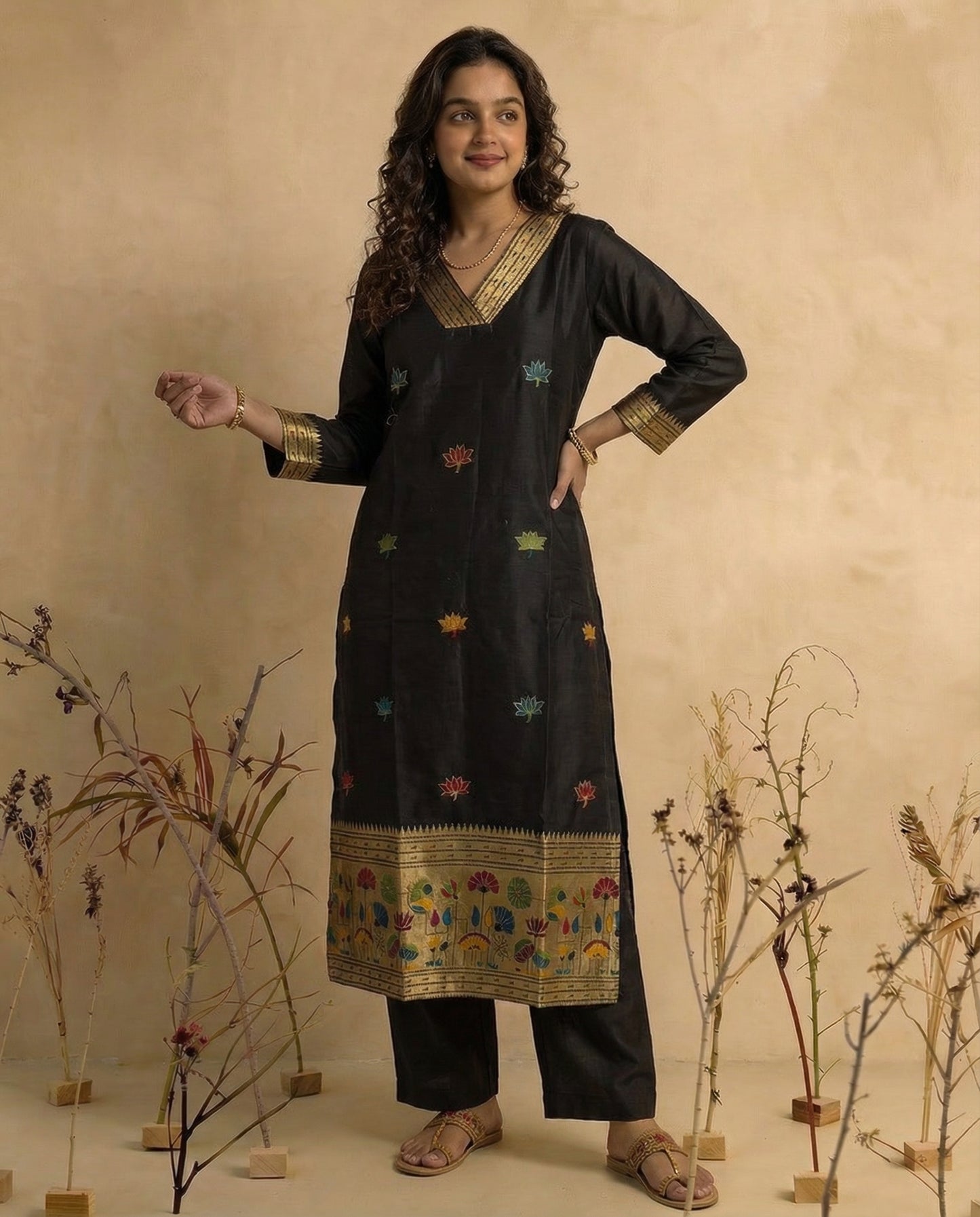 Ethnic Essence Black Soft Cotton Stitched Suit Sets