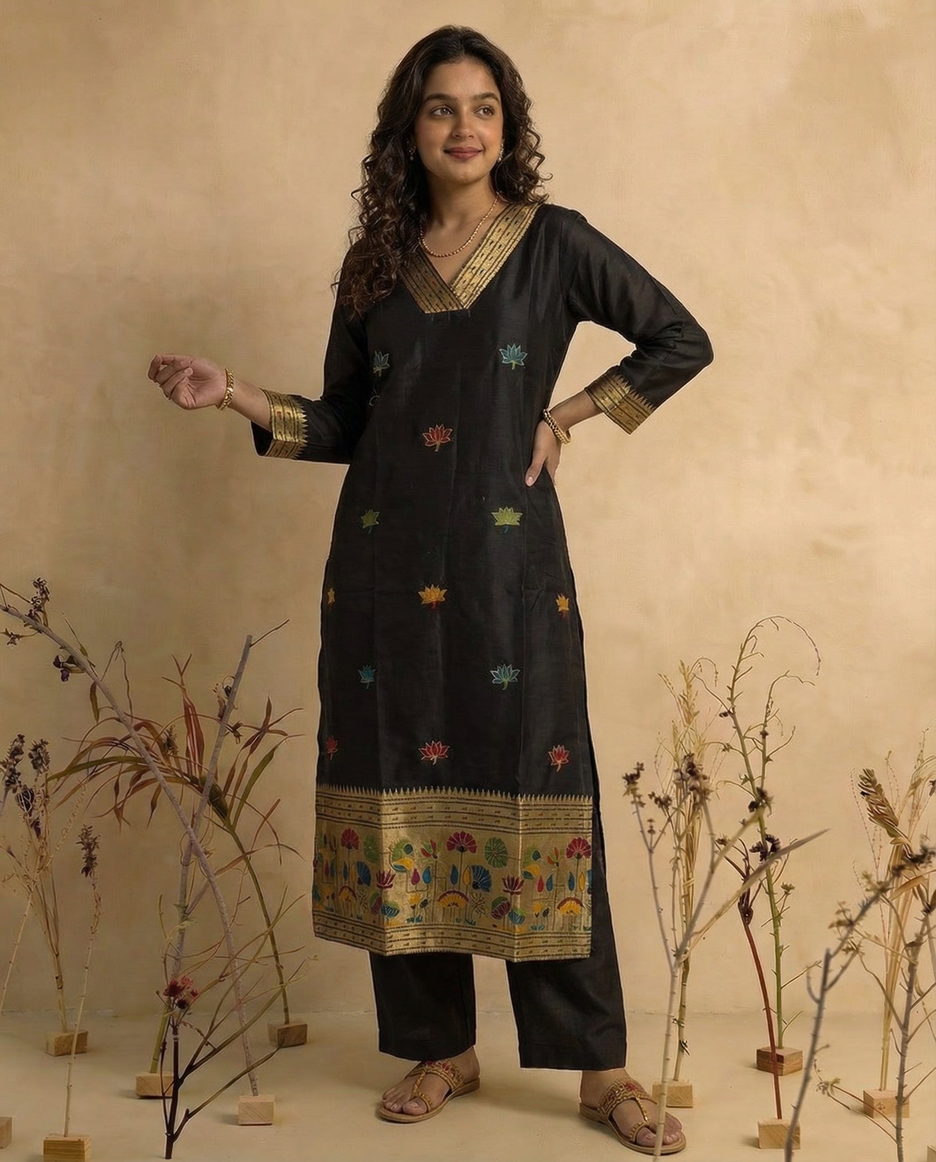 Ethnic Essence Black Soft Cotton Stitched Suit Sets