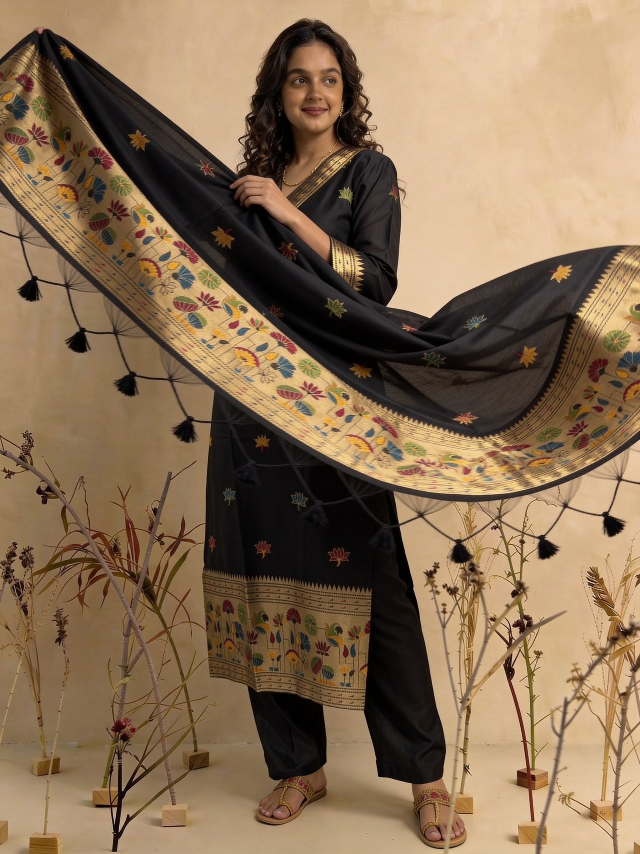 Ethnic Essence Black Soft Cotton Stitched Suit Sets