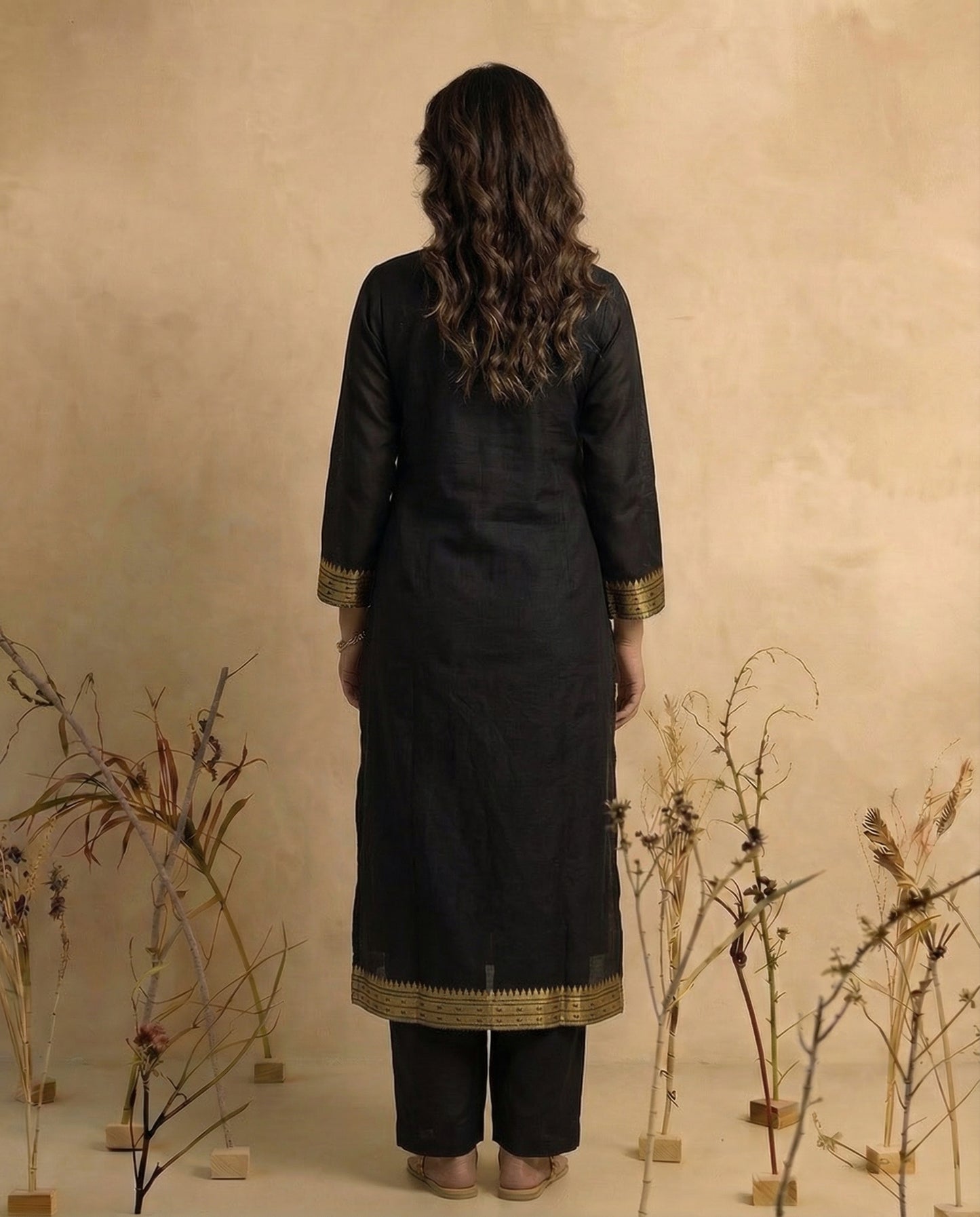 Ethnic Essence Black Soft Cotton Stitched Suit Sets