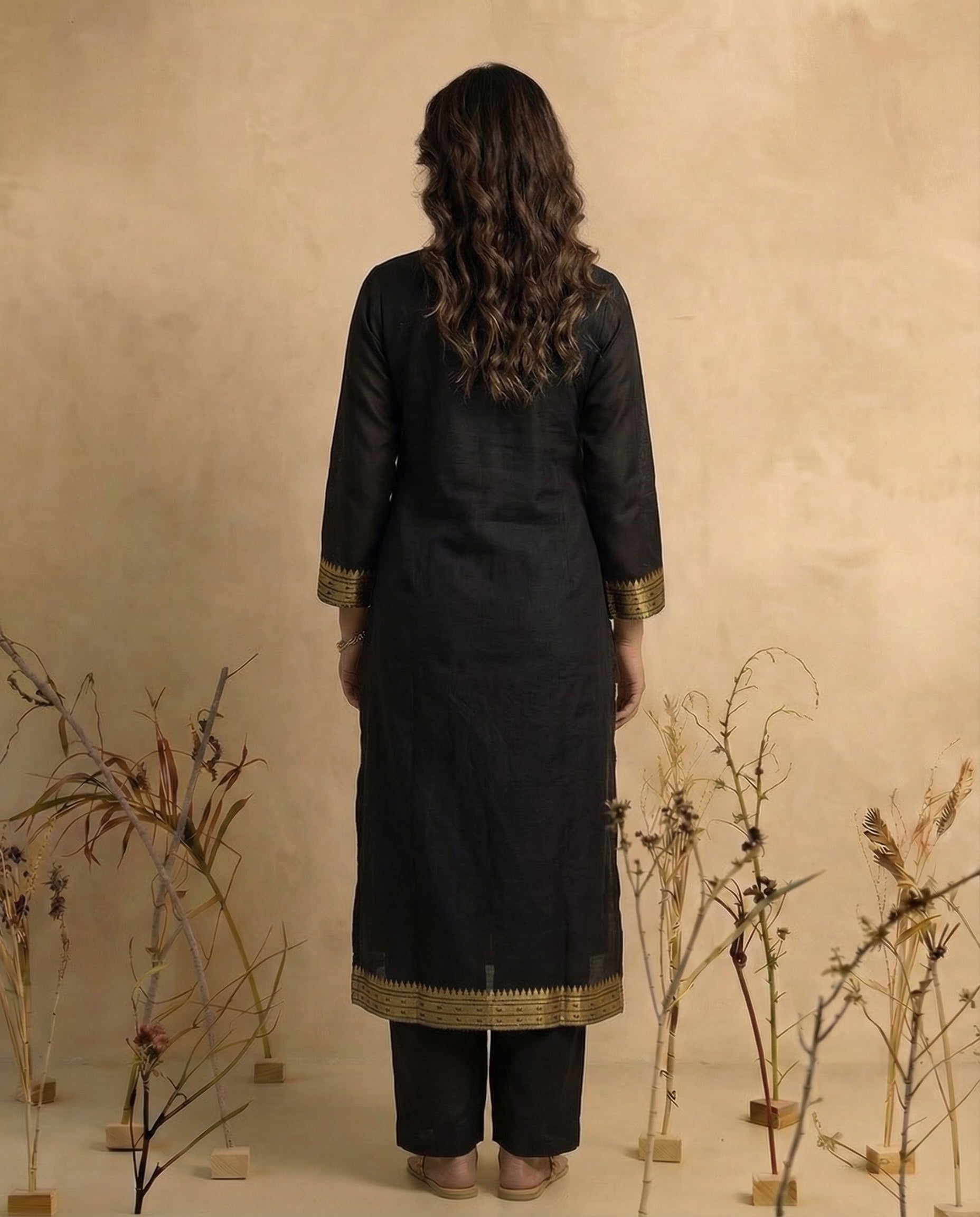 Ethnic Essence Black Soft Cotton Stitched Suit Sets