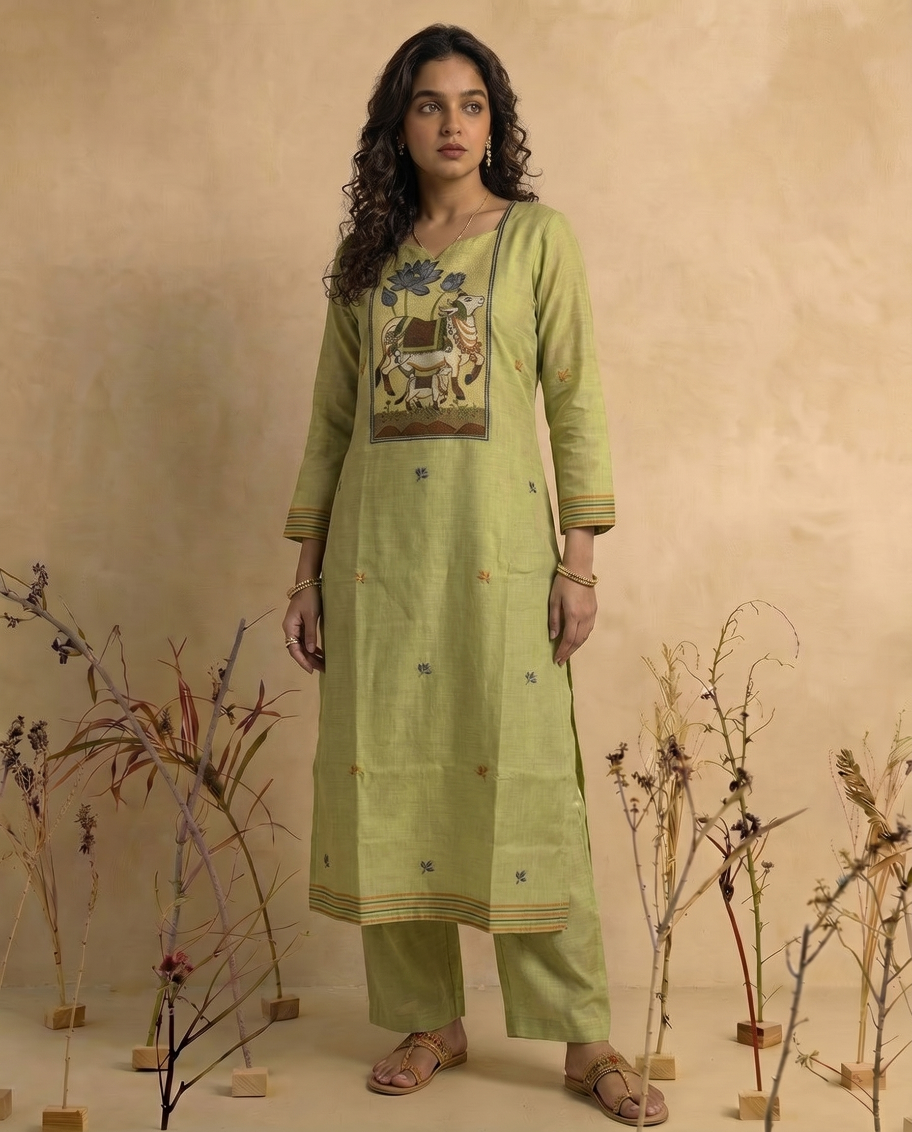 Mono Muse Green Jamdani Pichwai Muga Cotton Stitched Suit Sets