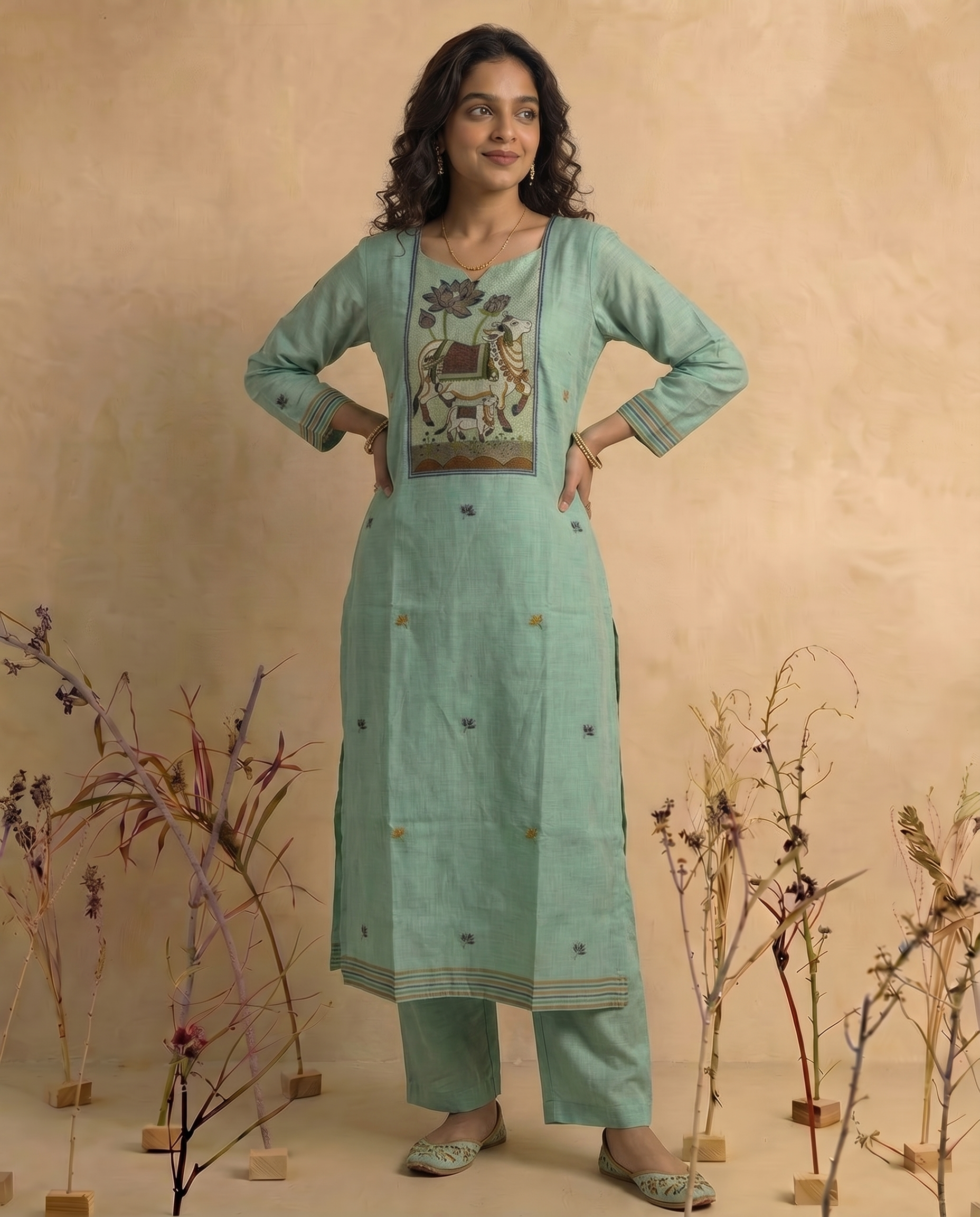Mono Muse Blue Jamdani Pichwai Muga Cotton Stitched Suit Sets