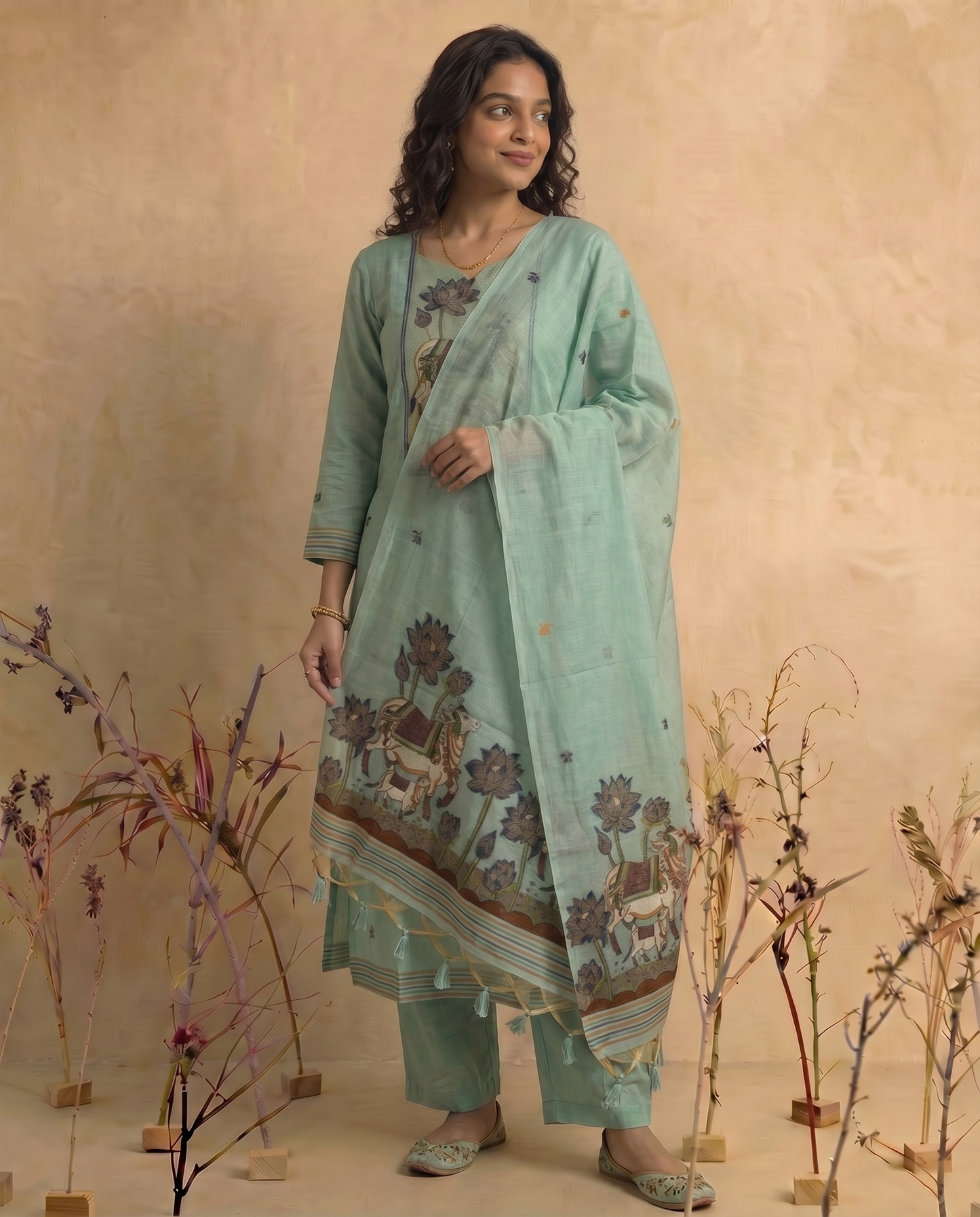 Mono Muse Blue Jamdani Pichwai Muga Cotton Stitched Suit Sets