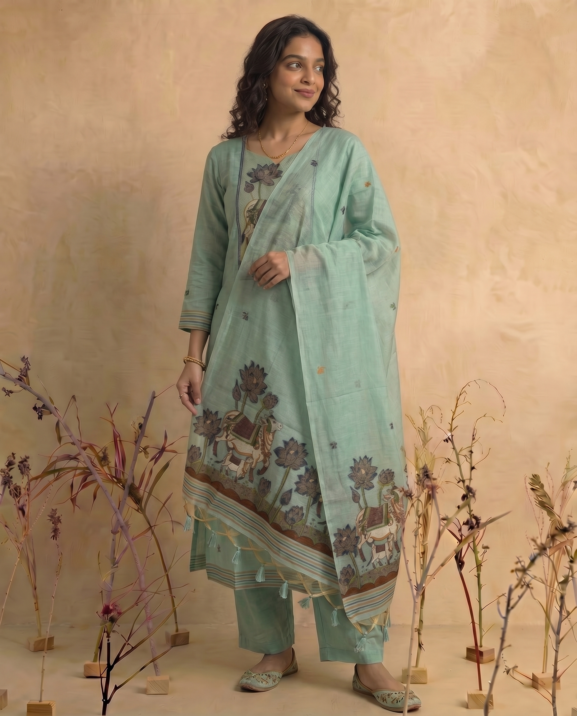 Mono Muse Blue Jamdani Pichwai Muga Cotton Stitched Suit Sets