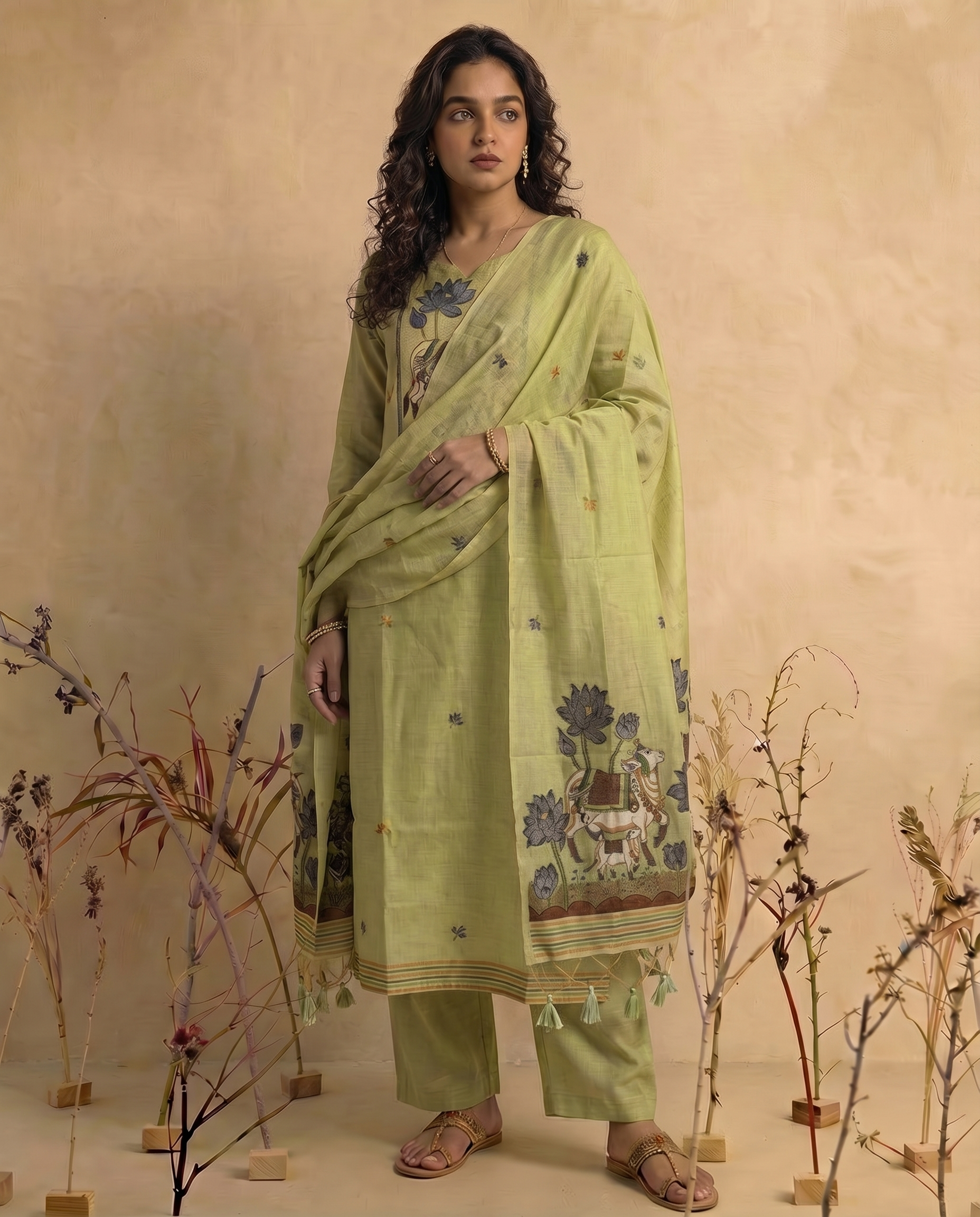 Mono Muse Green Jamdani Pichwai Muga Cotton Stitched Suit Sets