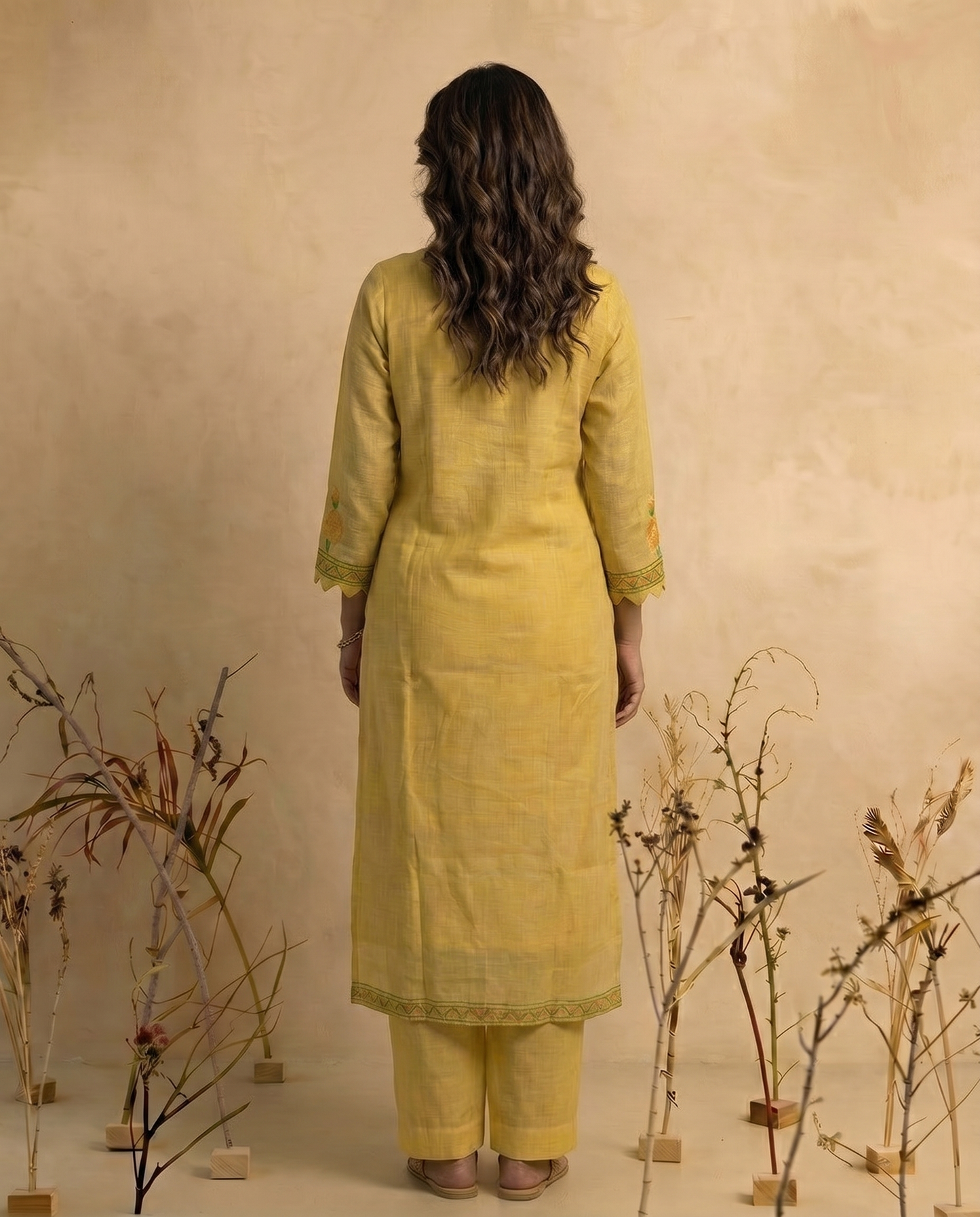 Bare Embellish Yellow Muga Cotton Stitched Suit Sets