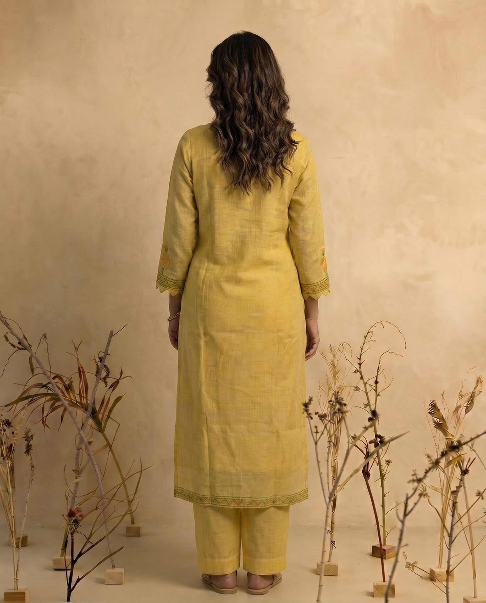 Bare Embellish Yellow Muga Cotton Stitched Suit Sets