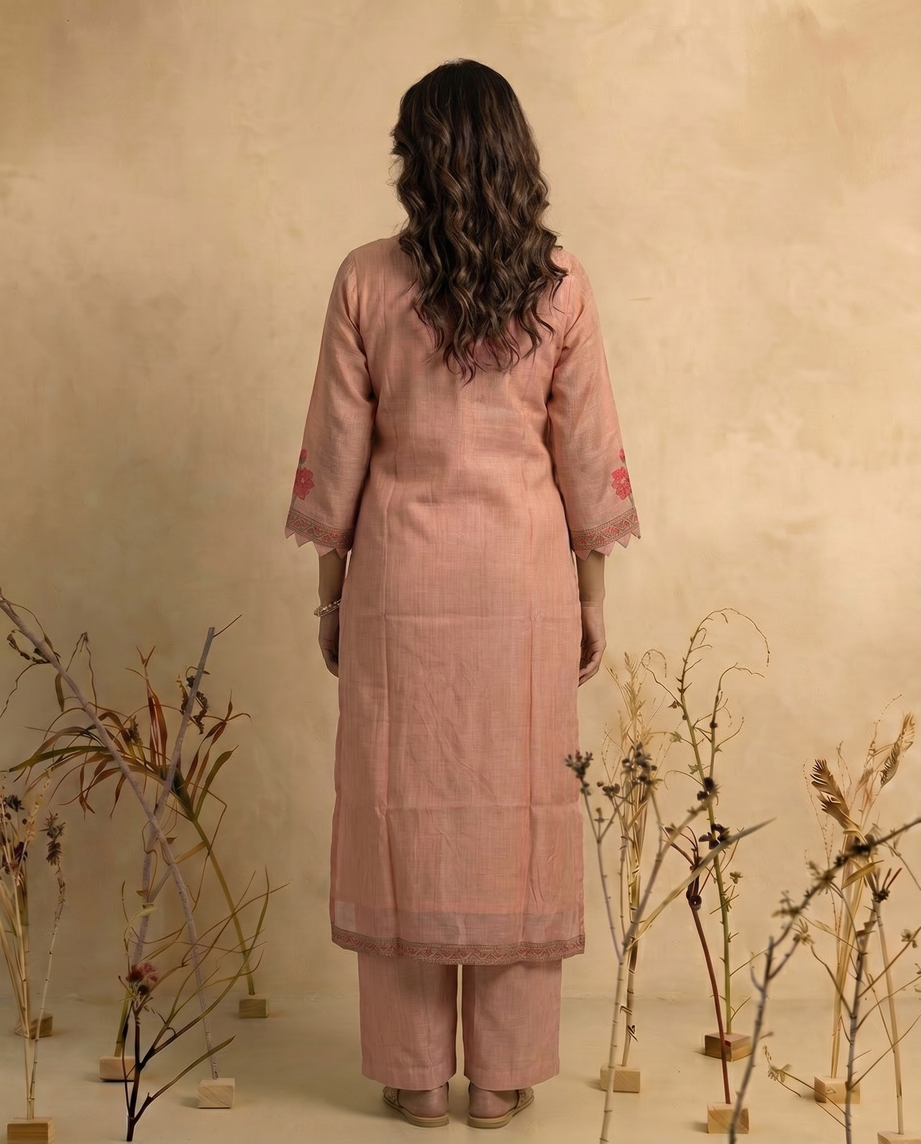 Bare Embellish Pink Muga Cotton Stitched Suit Sets