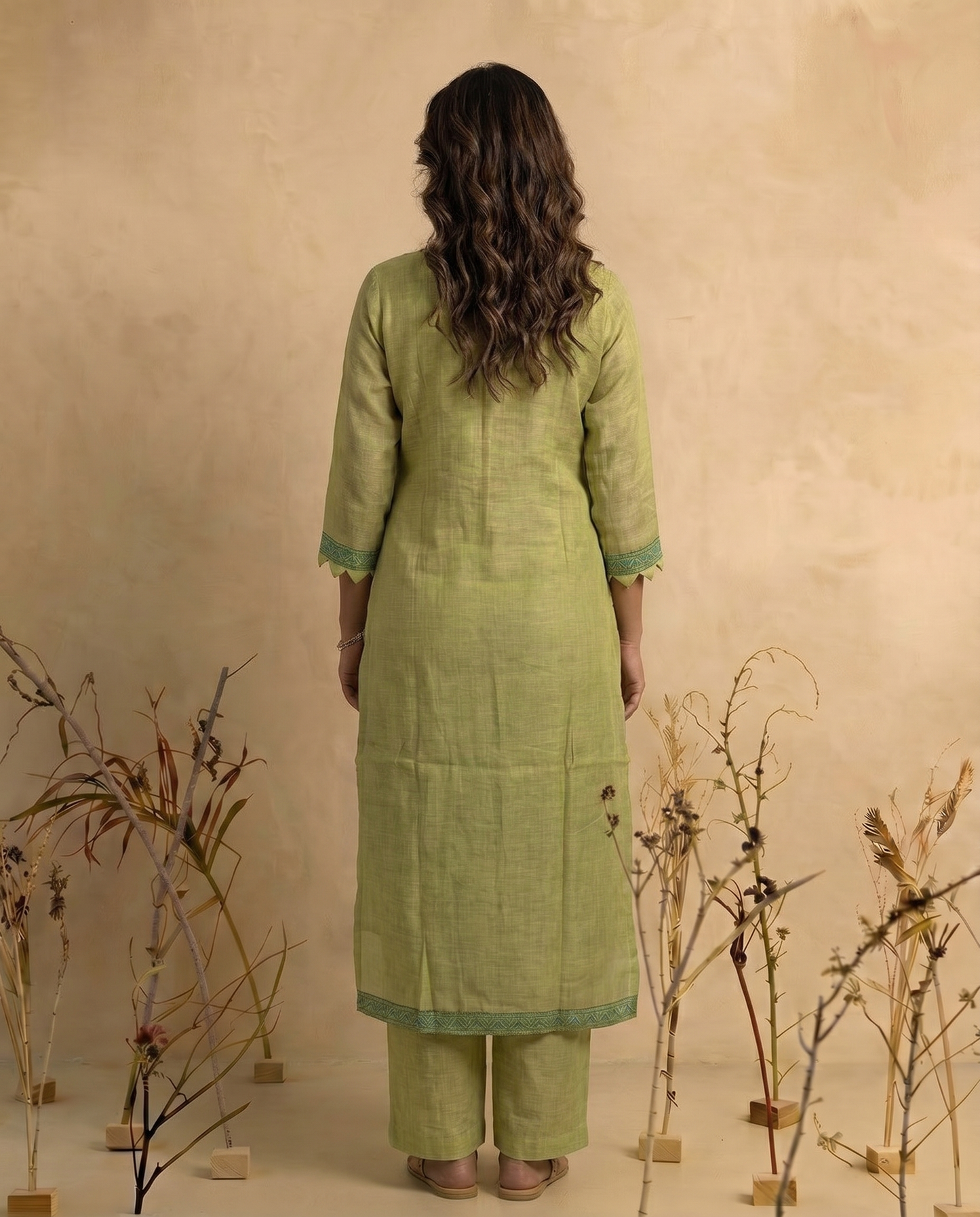 Bare Embellish Green Muga Cotton Stitched Suit Sets