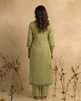 Bare Embellish Green Muga Cotton Stitched Suit Sets