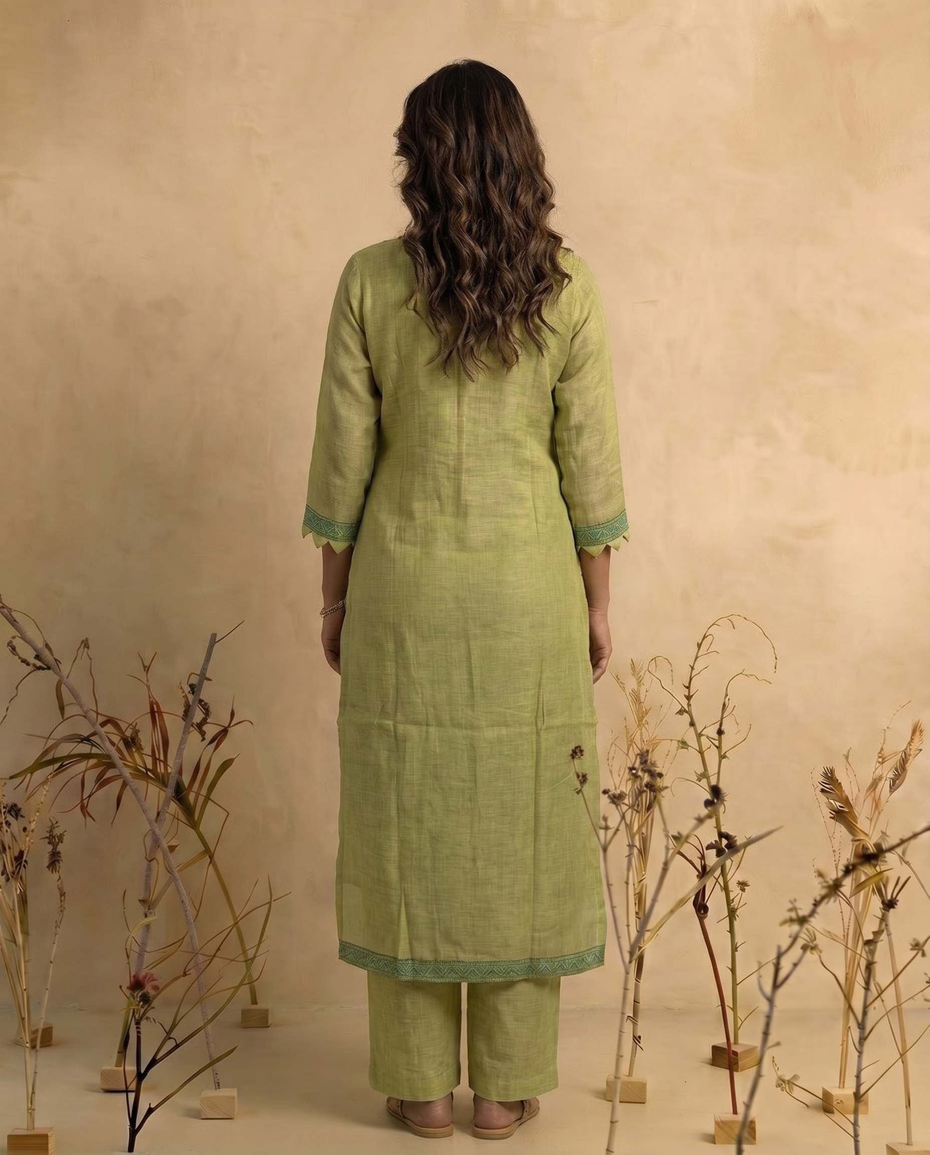 Bare Embellish Green Muga Cotton Stitched Suit Sets