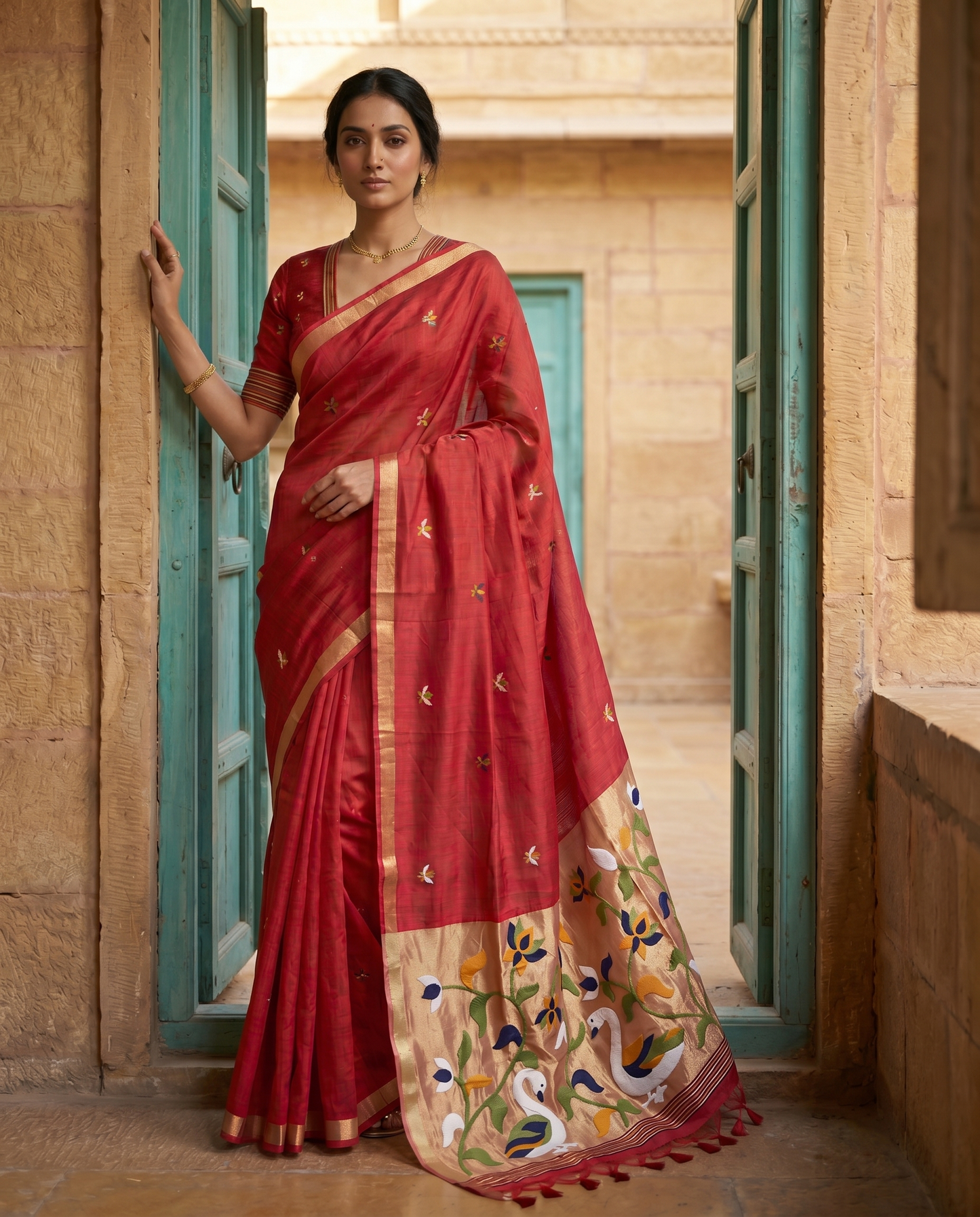Sanjana Red Muga Silk Saree With Unstitched Blouse Piece