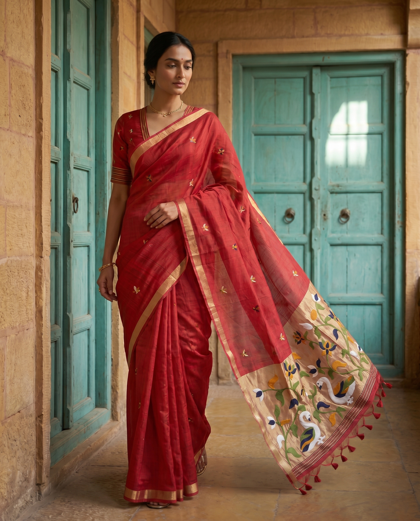 Sanjana Red Muga Silk Saree With Unstitched Blouse Piece