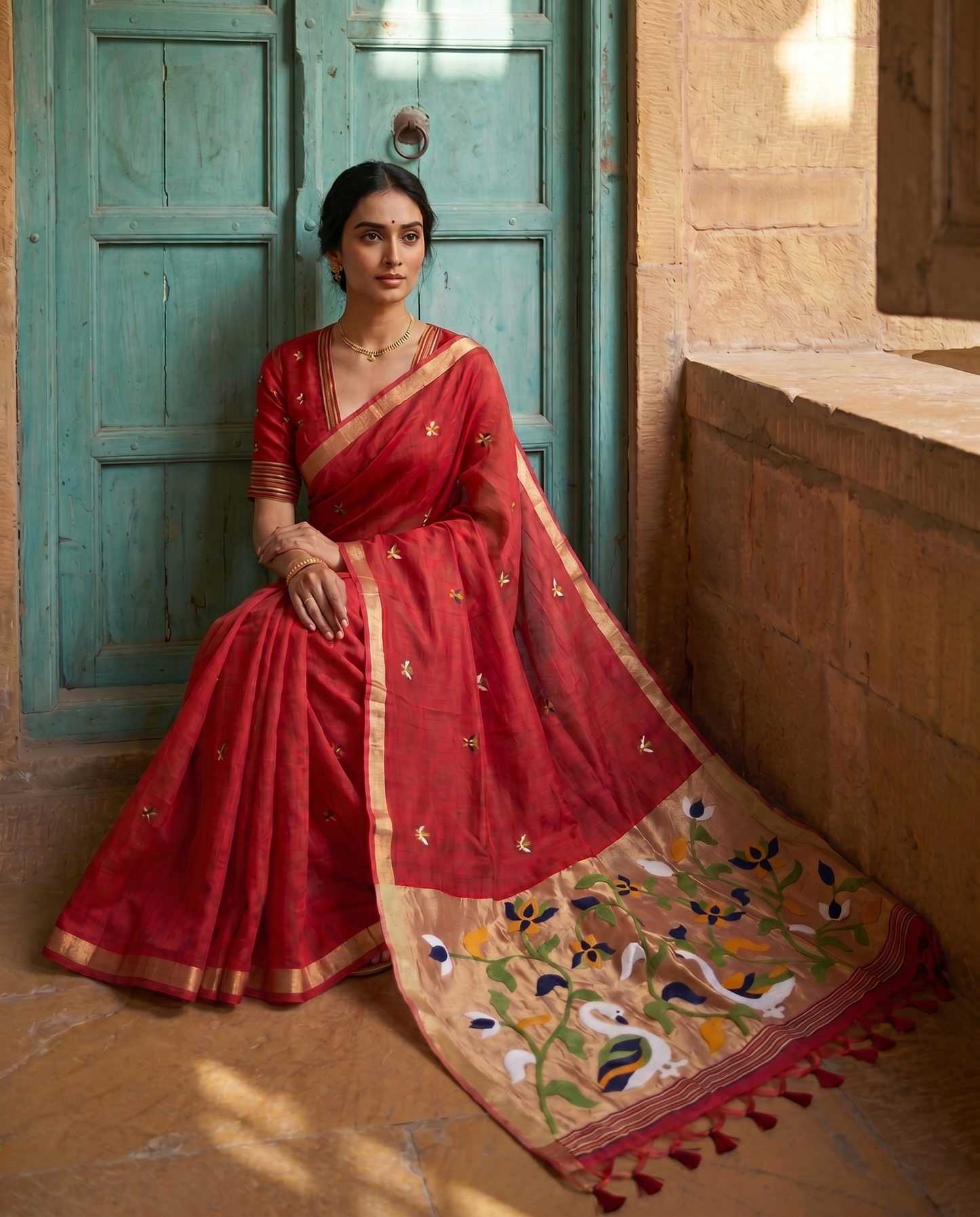 Sanjana Red Muga Silk Saree With Unstitched Blouse Piece