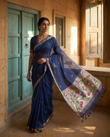 Sanjana Navy Blue Muga Silk Saree With Unstitched Blouse Piece