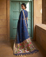 Sanjana Navy Blue Muga Silk Saree With Unstitched Blouse Piece