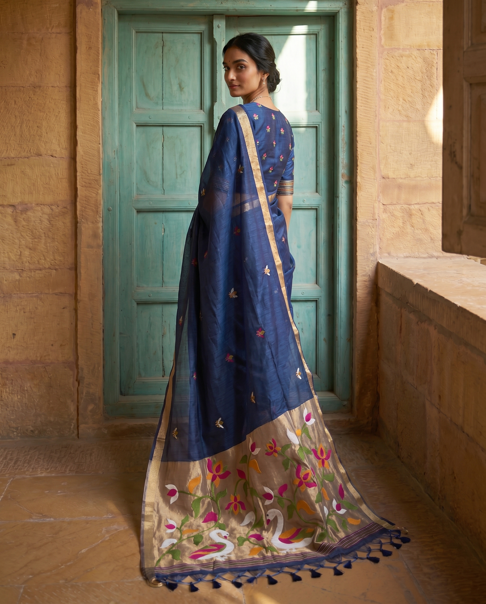 Sanjana Navy Blue Muga Silk Saree With Unstitched Blouse Piece