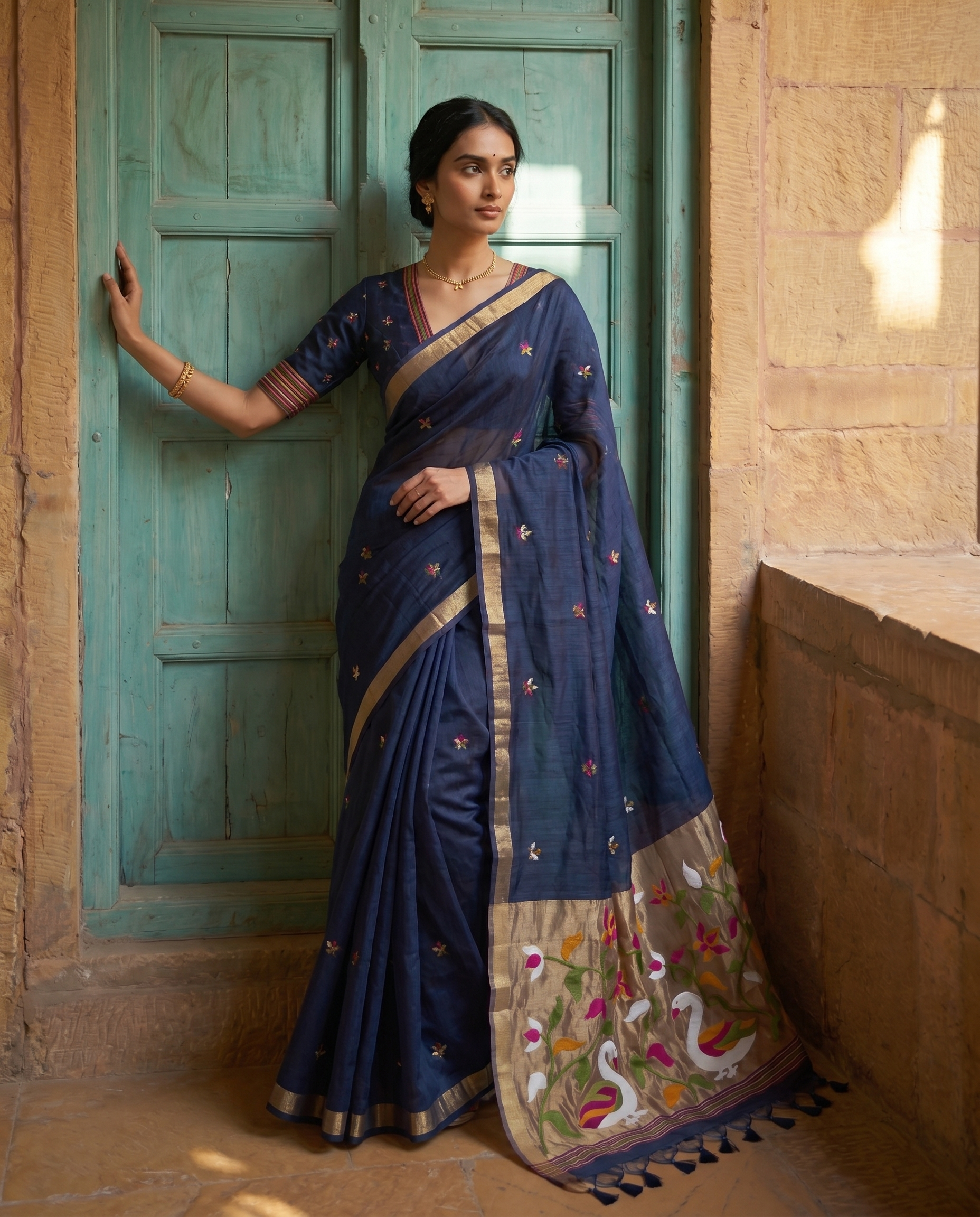 Sanjana Navy Blue Muga Silk Saree With Unstitched Blouse Piece