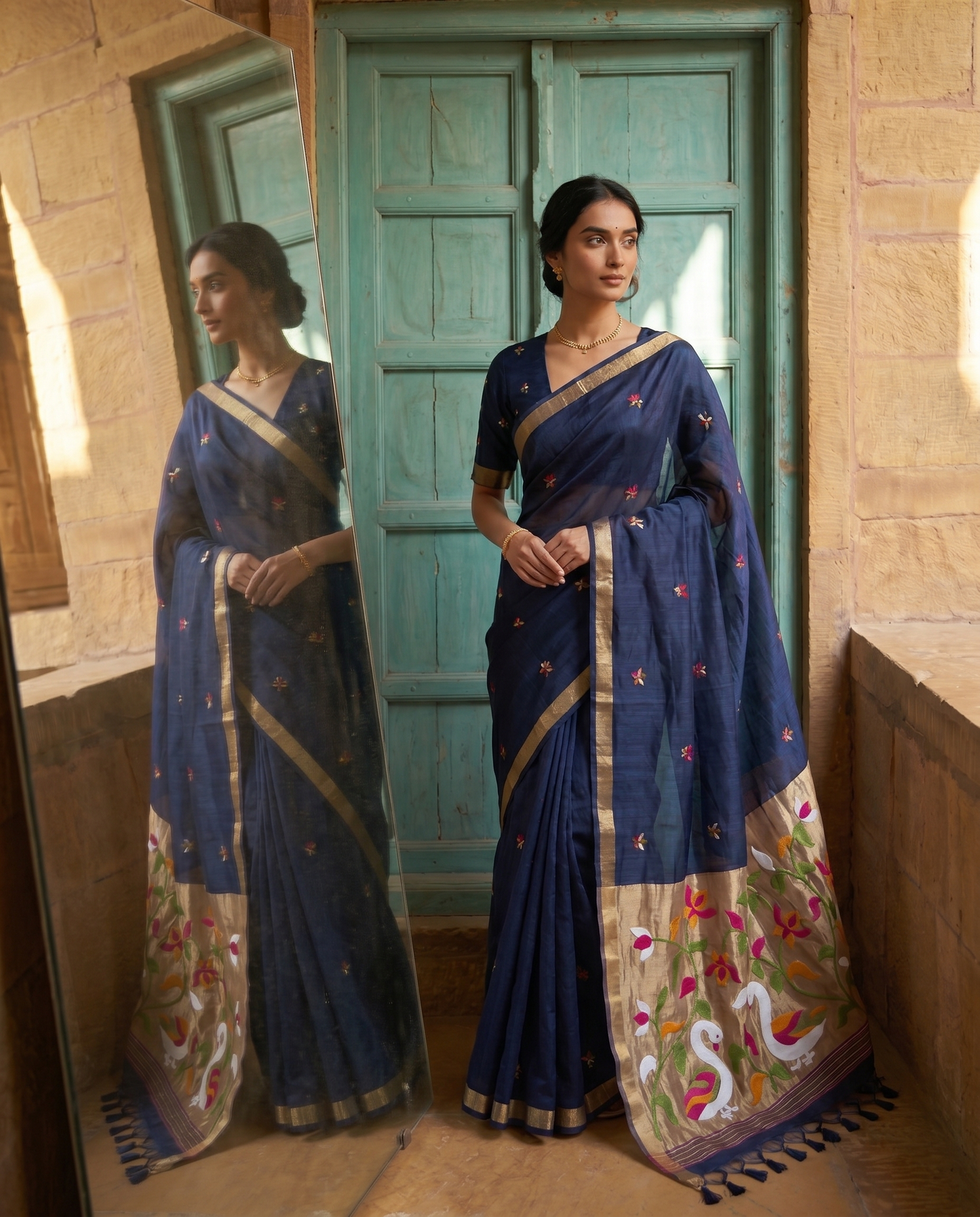 Sanjana Navy Blue Muga Silk Saree With Unstitched Blouse Piece