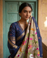 Sanjana Navy Blue Muga Silk Saree With Unstitched Blouse Piece