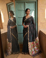 Sanjana Black Muga Silk Saree With Unstitched Blouse Piece