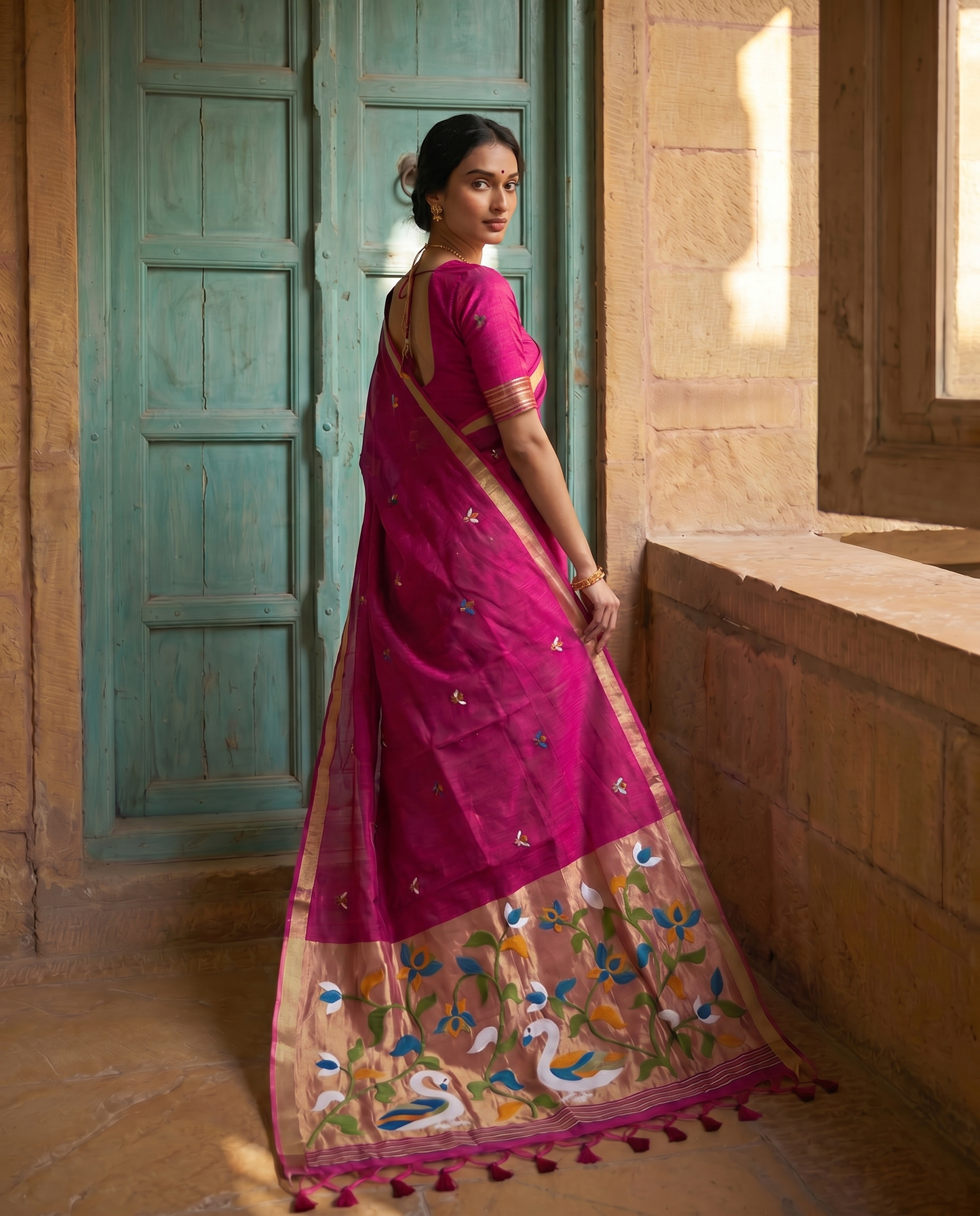 Sanjana Pink Muga Silk Saree With Unstitched Blouse Piece