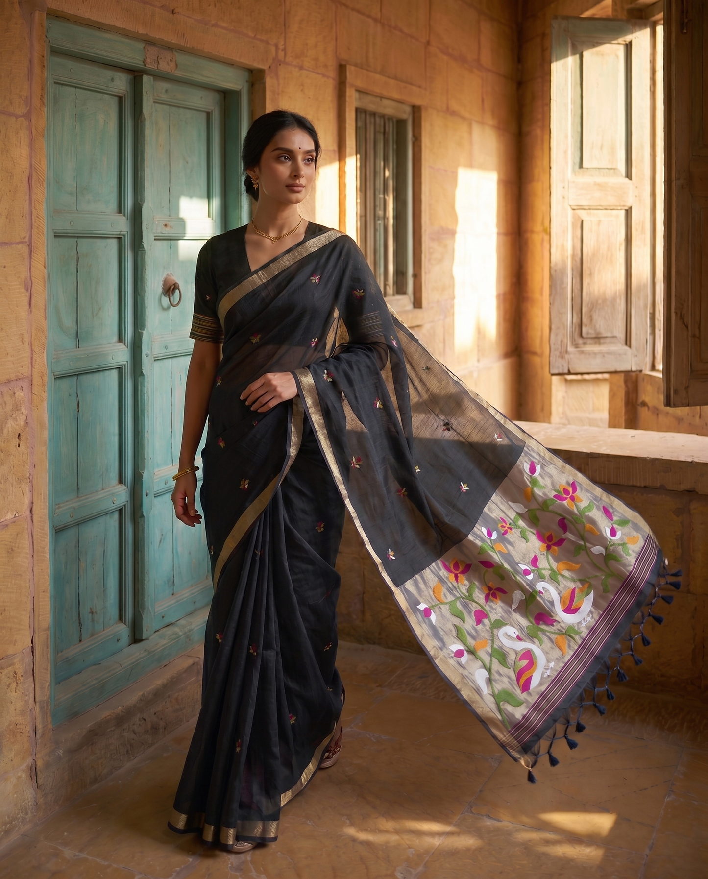 Sanjana Black Muga Silk Saree With Unstitched Blouse Piece