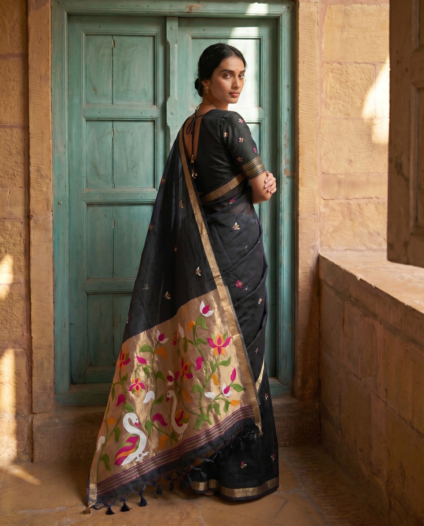 Sanjana Black Muga Silk Saree With Unstitched Blouse Piece