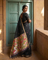 Sanjana Black Muga Silk Saree With Unstitched Blouse Piece