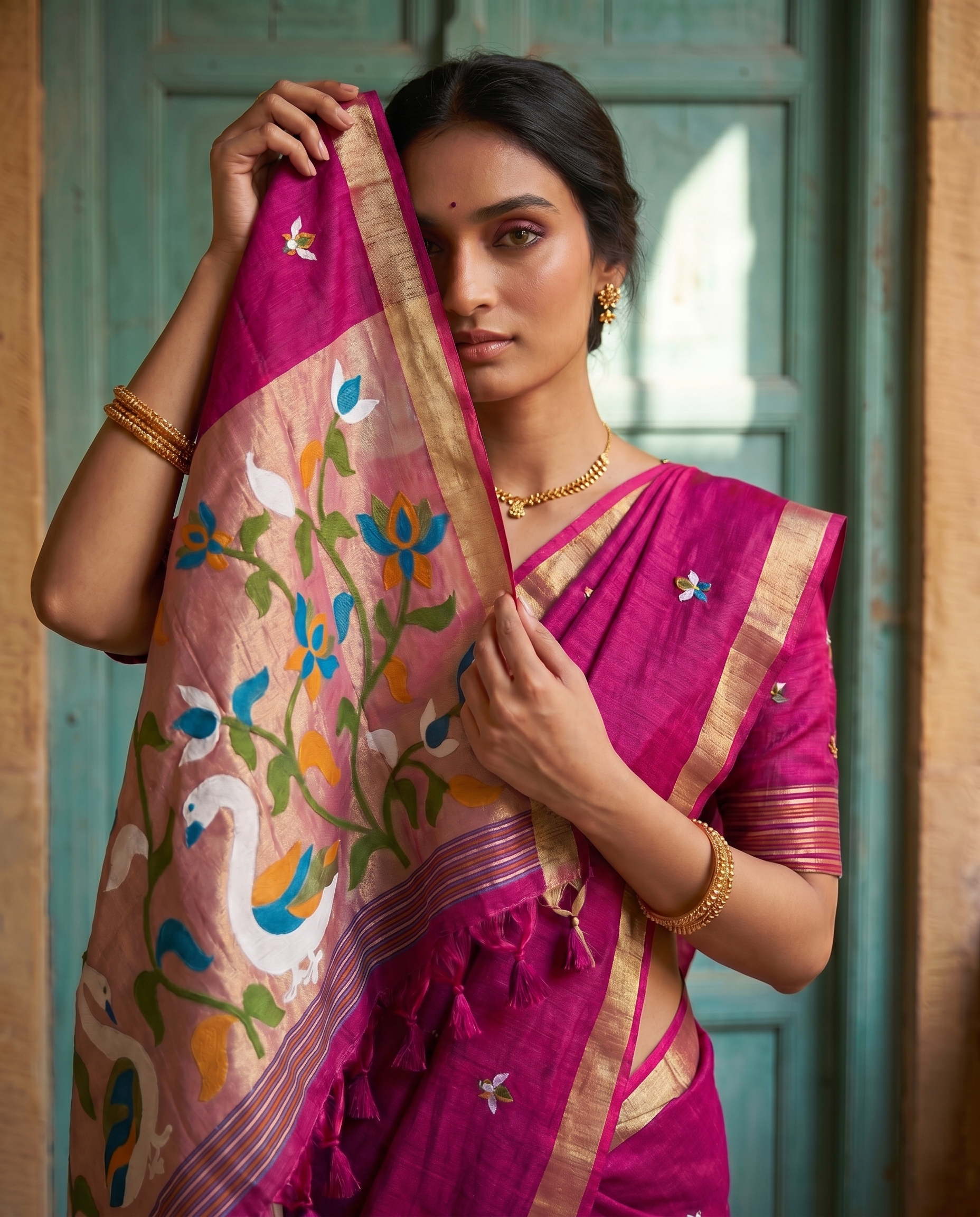 Sanjana Pink Muga Silk Saree With Unstitched Blouse Piece