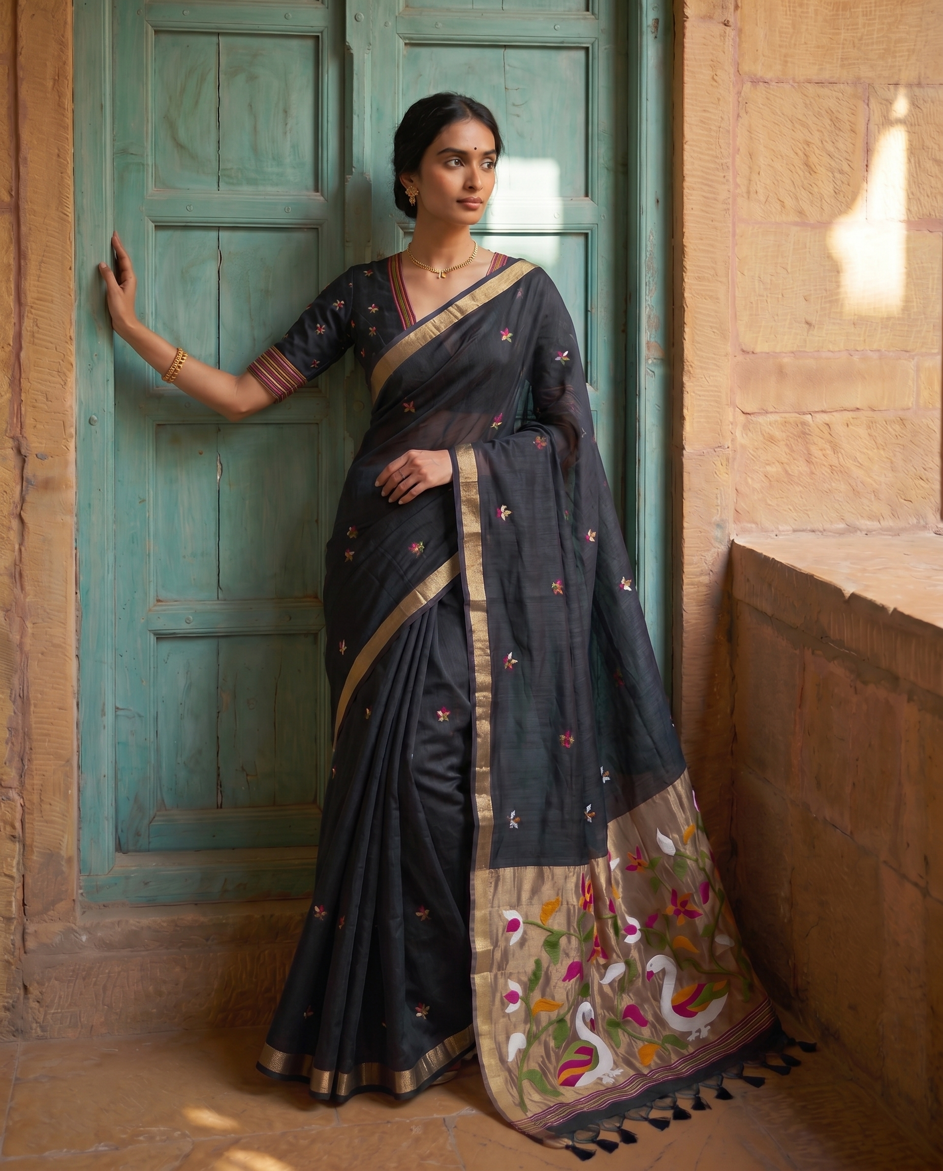 Sanjana Black Muga Silk Saree With Unstitched Blouse Piece