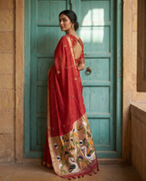Sanjana Red Muga Silk Saree With Unstitched Blouse Piece