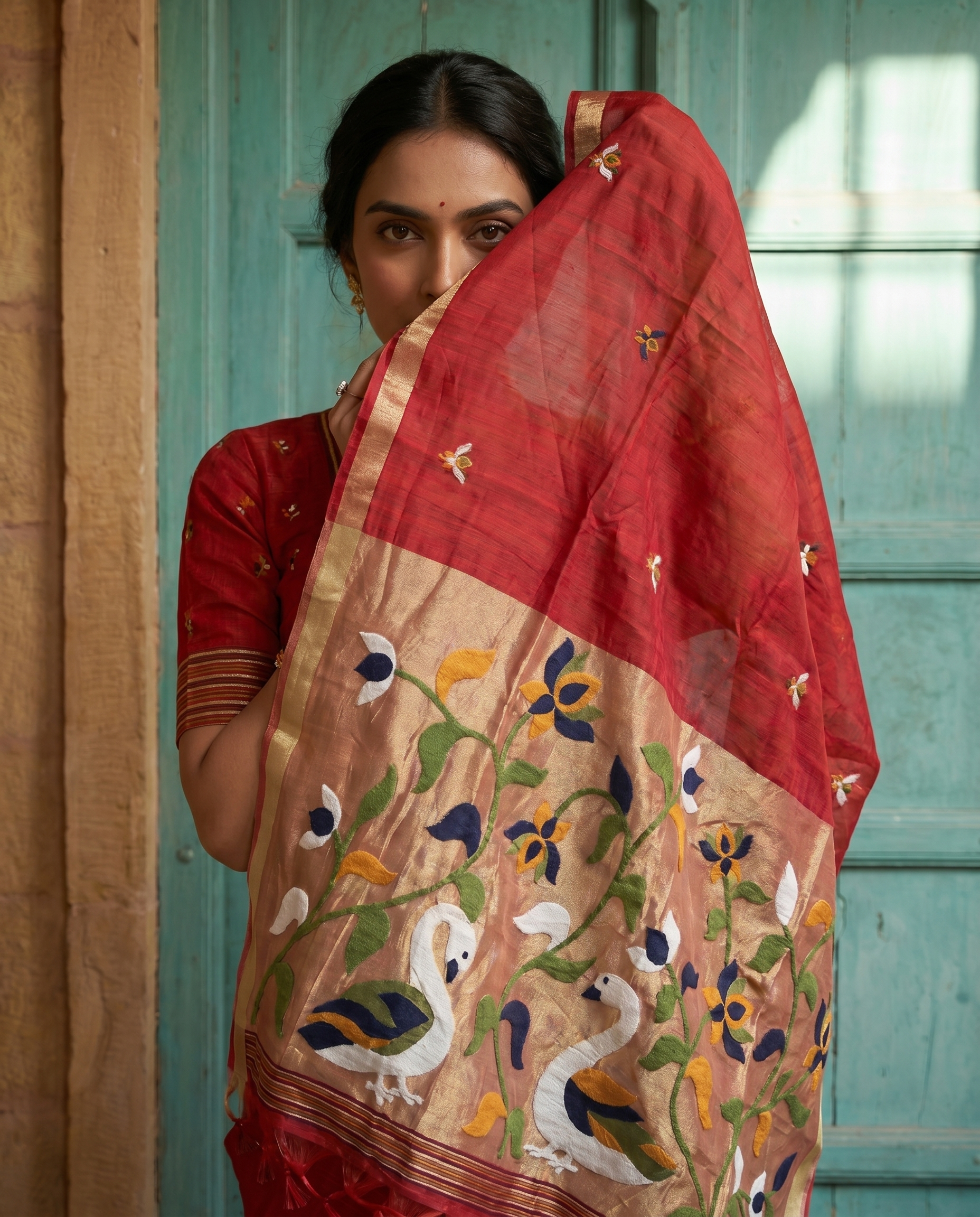 Sanjana Red Muga Silk Saree With Unstitched Blouse Piece