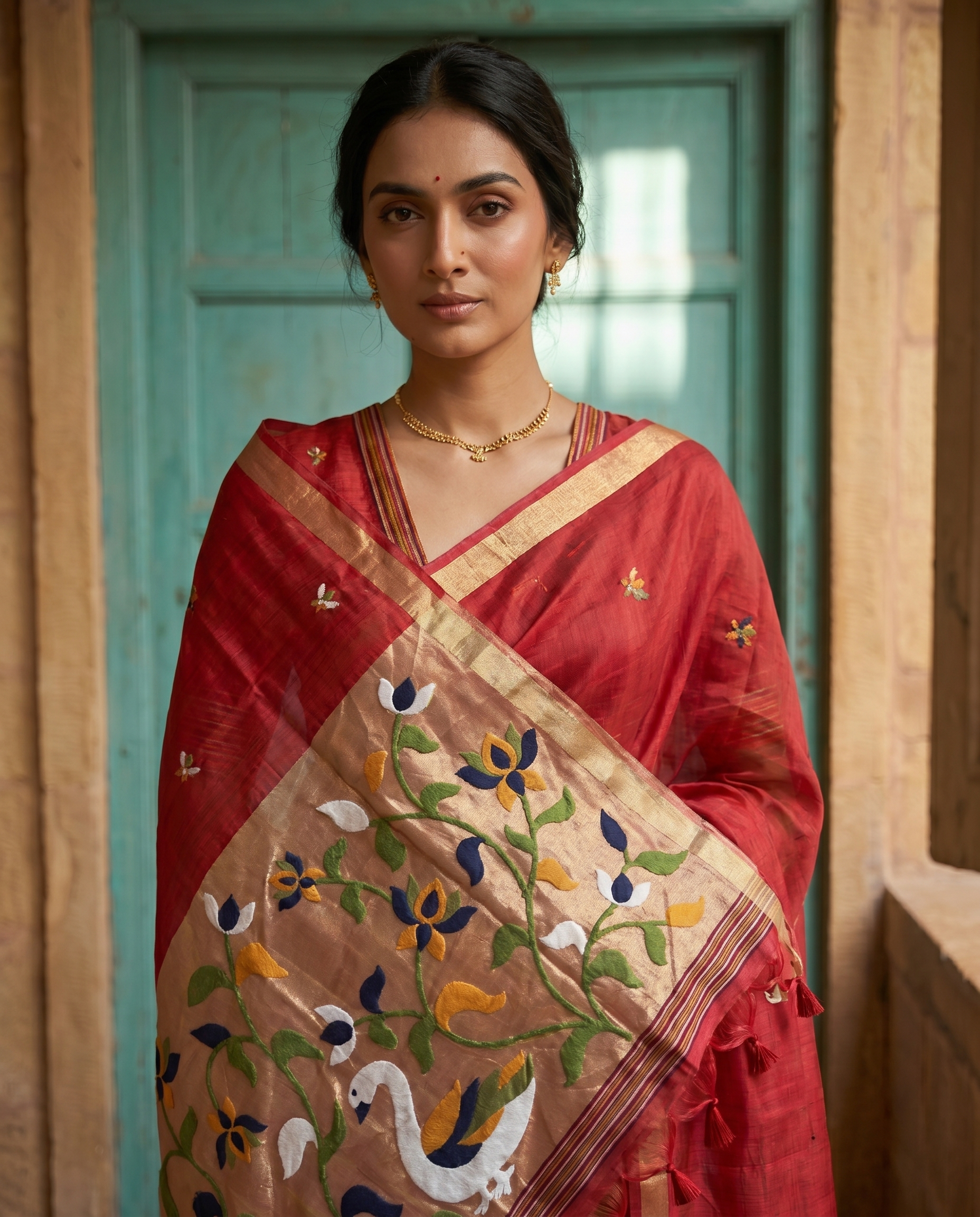 Sanjana Red Muga Silk Saree With Unstitched Blouse Piece