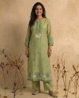 Bare Embellish Green Muga Cotton Stitched Suit Sets