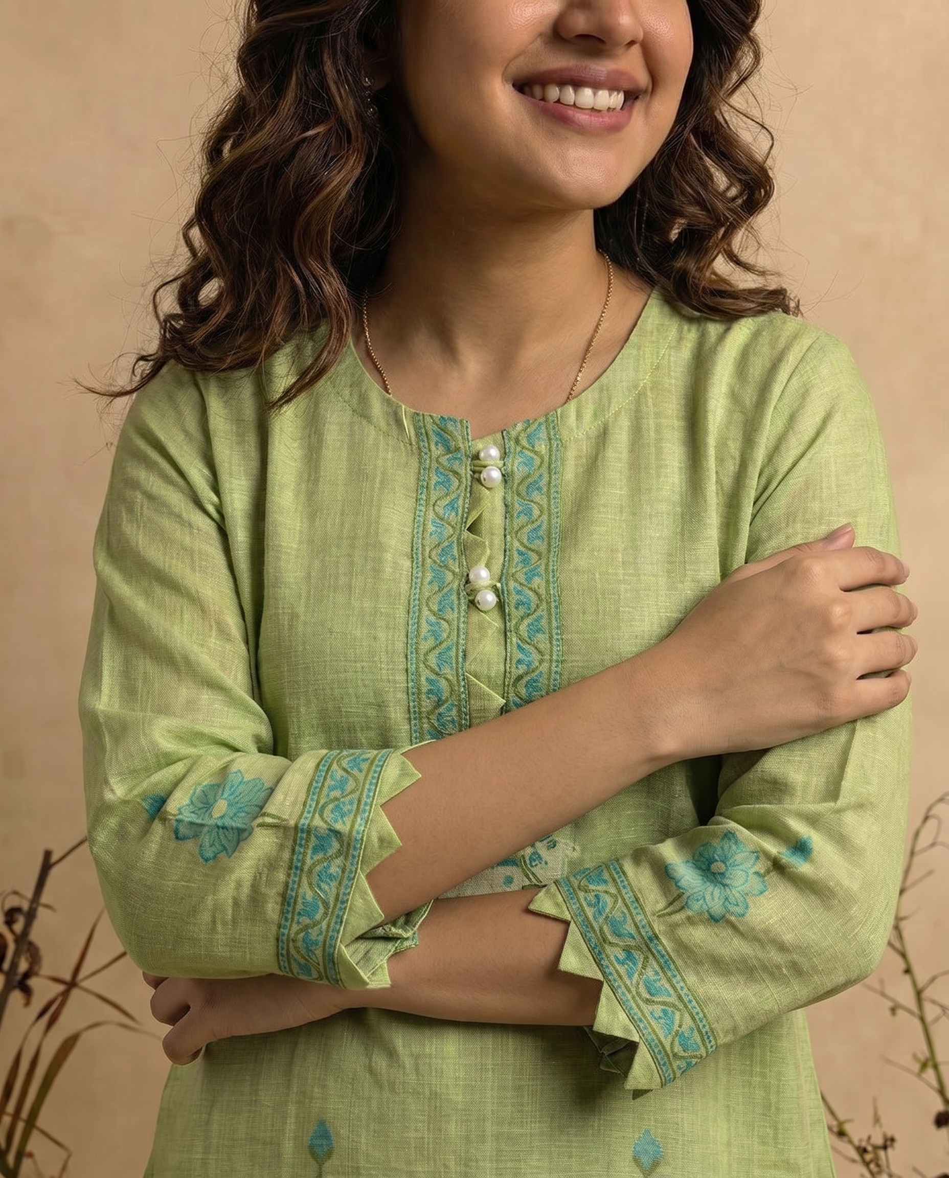 Bare Embellish Green Muga Cotton Stitched Suit Sets