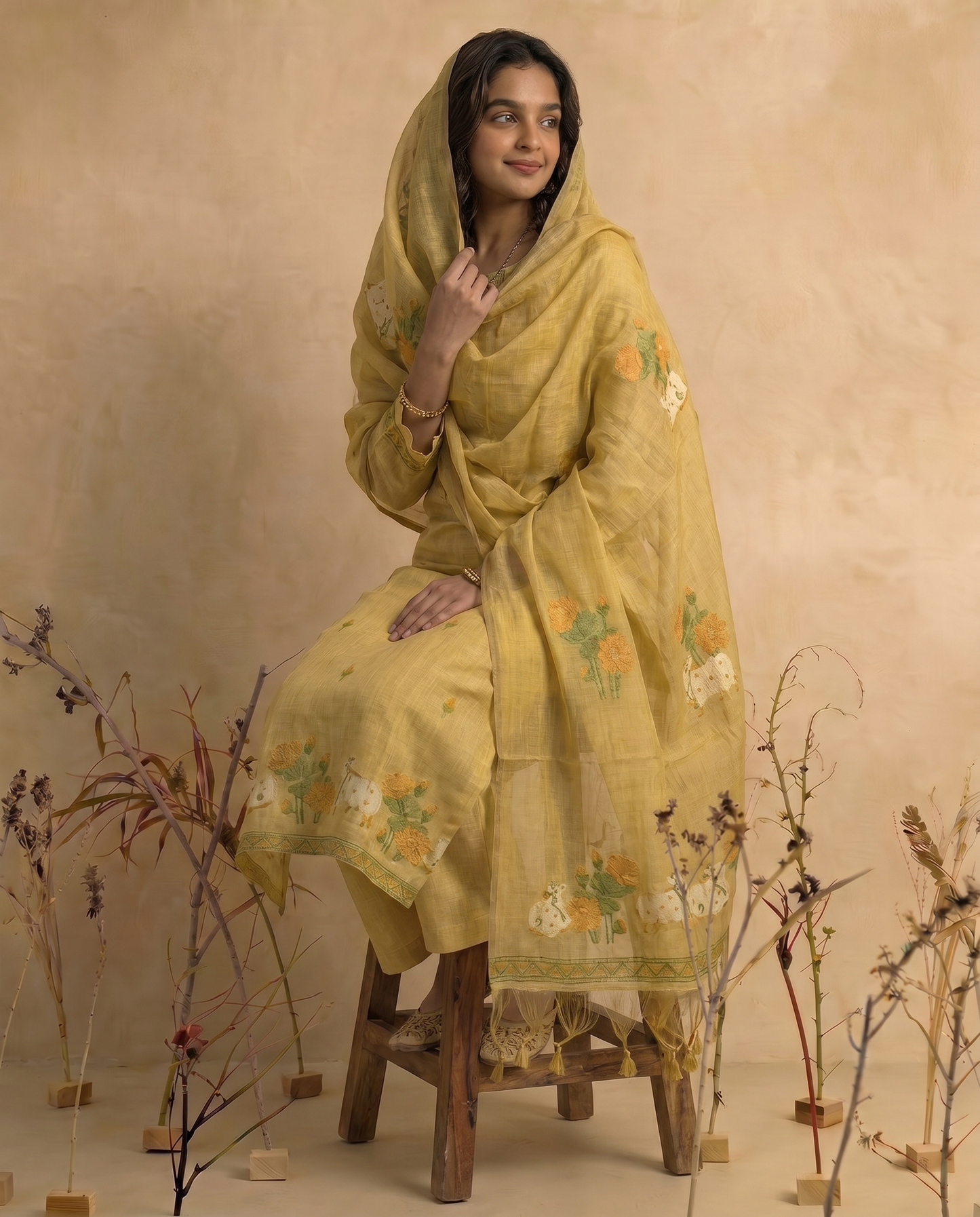 Bare Embellish Yellow Muga Cotton Stitched Suit Sets