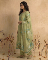 Bare Embellish Green Muga Cotton Stitched Suit Sets